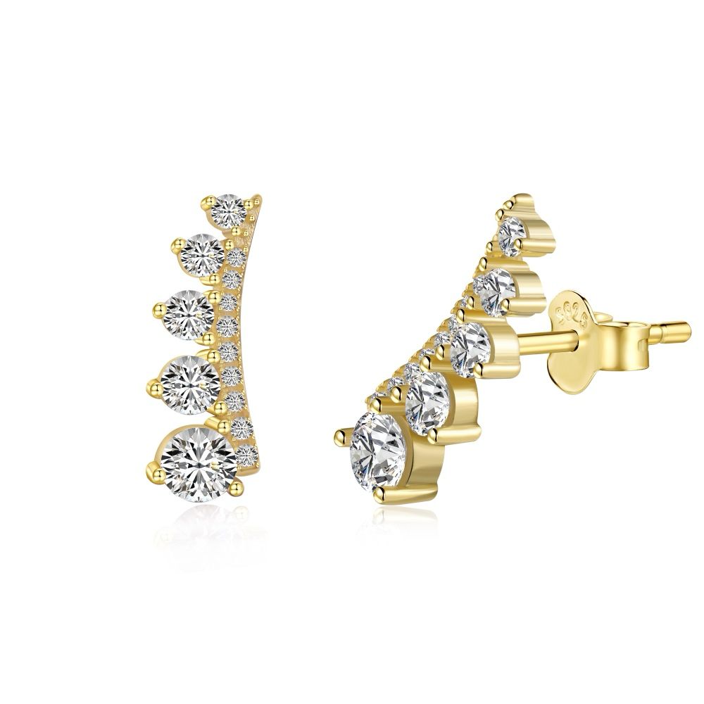 A pair of gold-colored Stone Row earrings featuring multiple round cut clear stones set in a row on a white background.