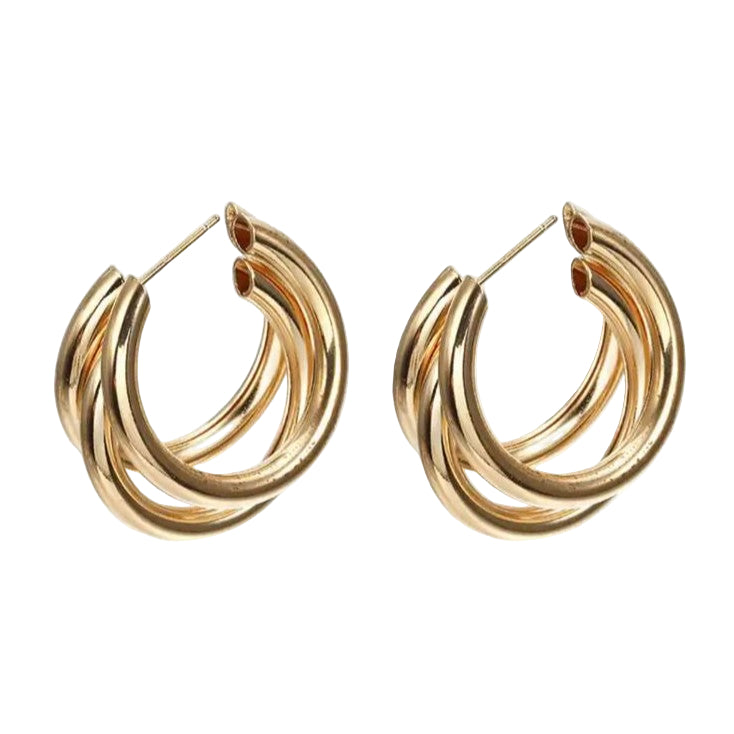 A pair of gold-colored stainless steel hoop earrings with three interlinked rings.