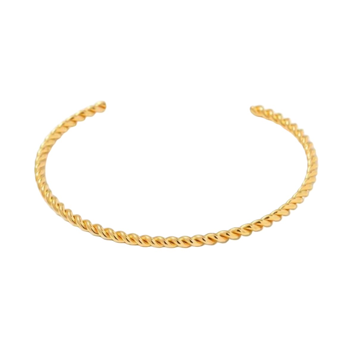A gold-colored bangle with a twisted design, displayed against a white background.