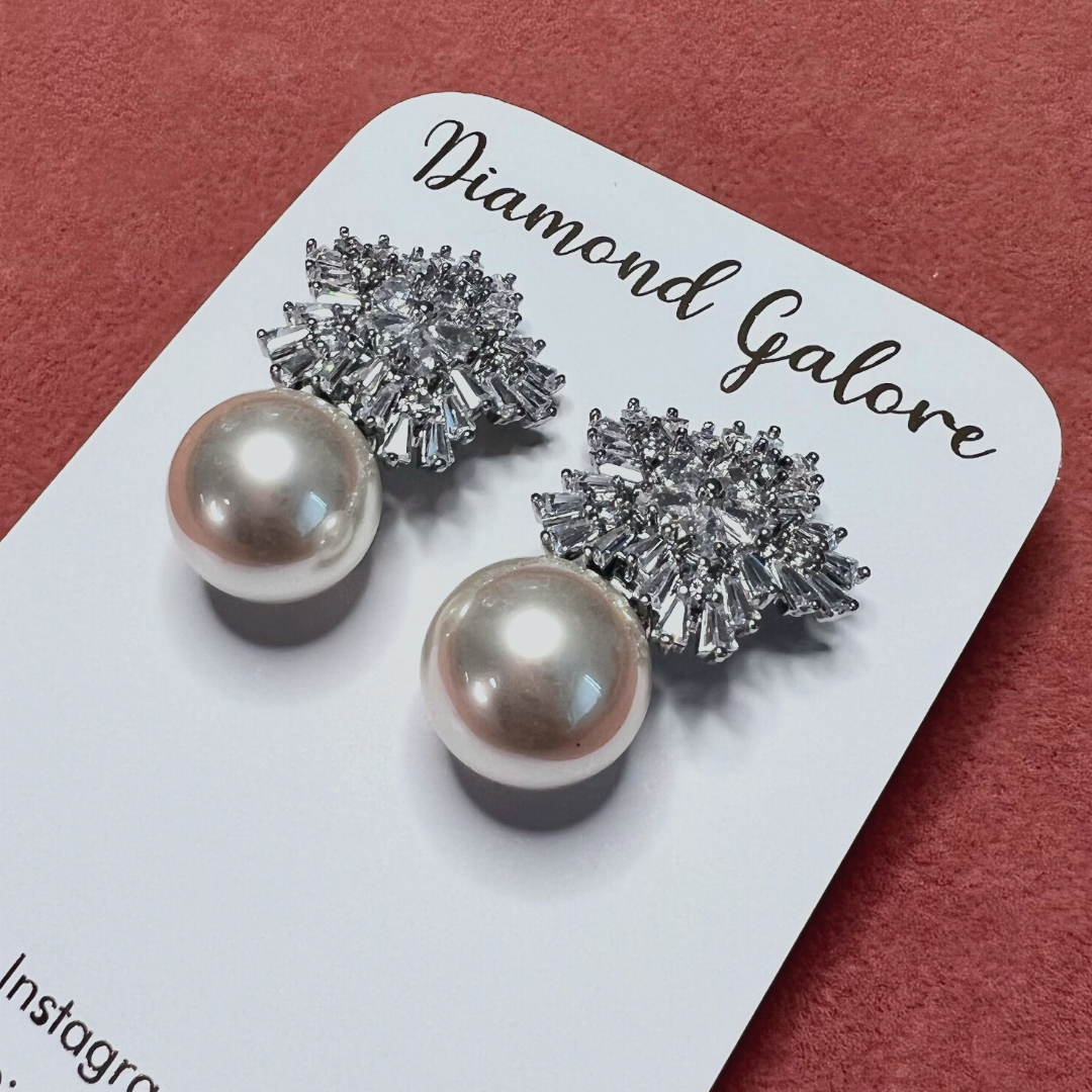 A pair of pearl earrings with raised texture and bullet-clutch back, likely silver or white gold, displayed on a white card.