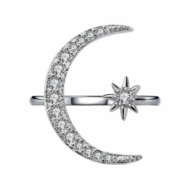 Moon and Star Ring 5A CZ 925 Sterling Silver Giselle Ring (Adjustable)