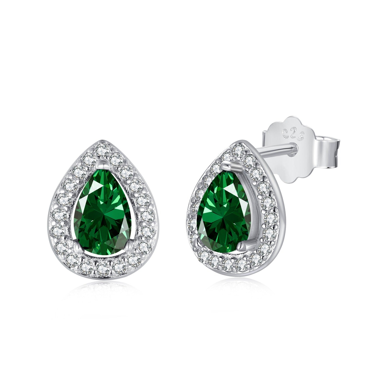 A pair of pear-shaped stud earrings with green main stones and clear accent stones set in sterling silver bands.