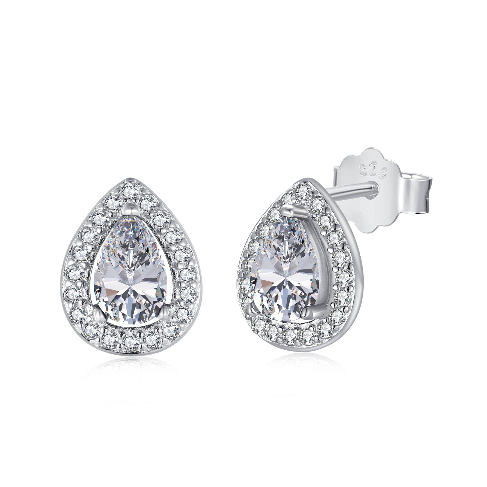 A pair of pear-shaped stud earrings with white main stones and clear accent stones set in sterling silver bands.