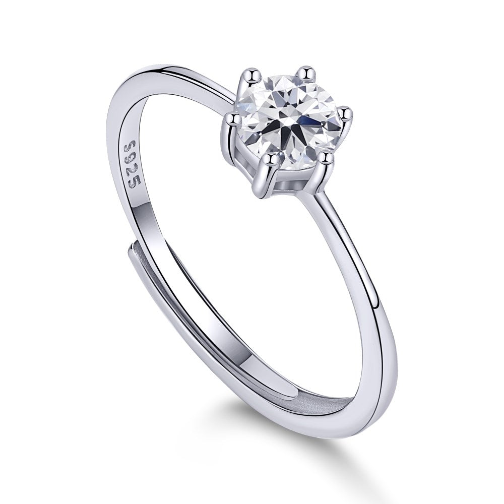 A silver-colored adjustable ring featuring a round 0.5 ct zirconia main stone set in a silver-colored band.