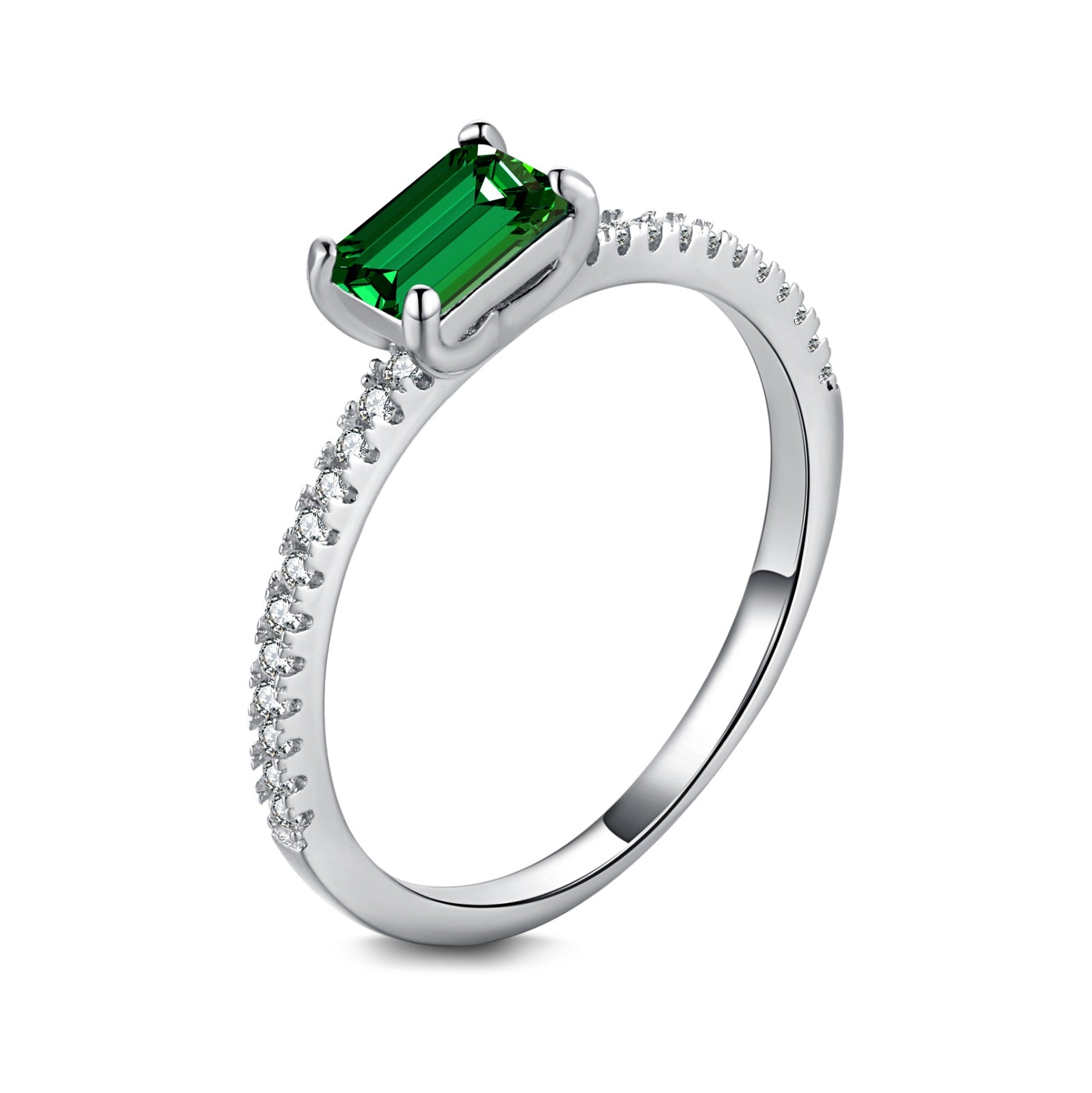 A silver ring featuring a rectangular emerald cut main stone with a surrounding diamond-accented band.