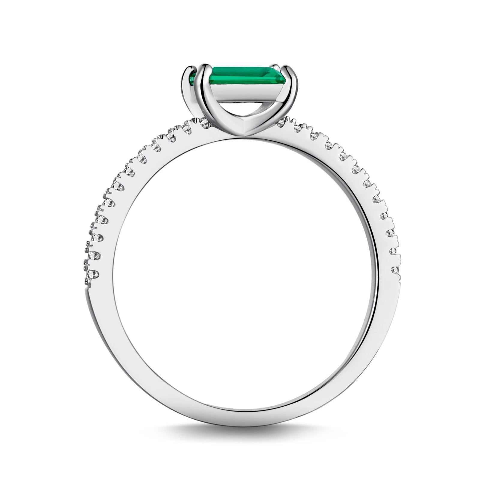 A silver ring featuring a rectangular emerald cut main stone with a surrounding diamond-accented band.