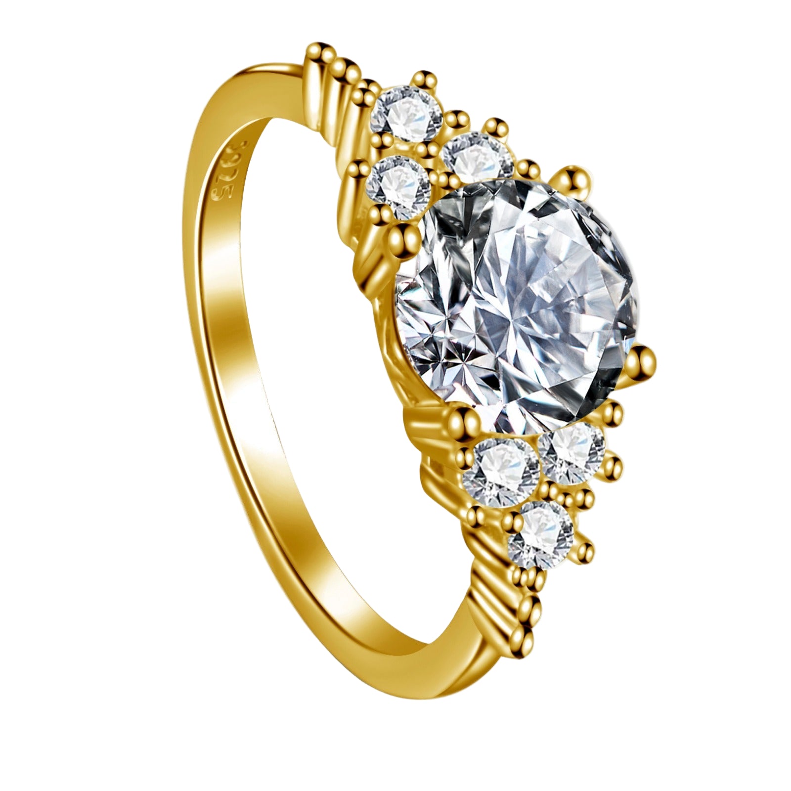 An elegant sterling silver ring with a large central clear cubic zirconia stone, surrounded by smaller clear stones, set in a gold-tone band.