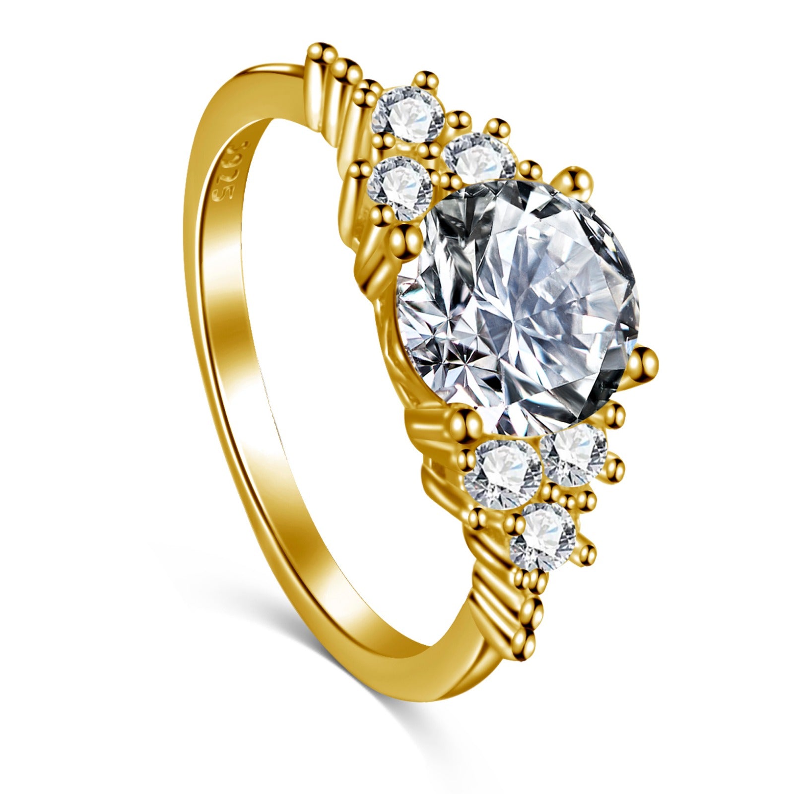 An elegant sterling silver ring with a large central clear cubic zirconia stone, surrounded by smaller clear stones, set in a gold-tone band.