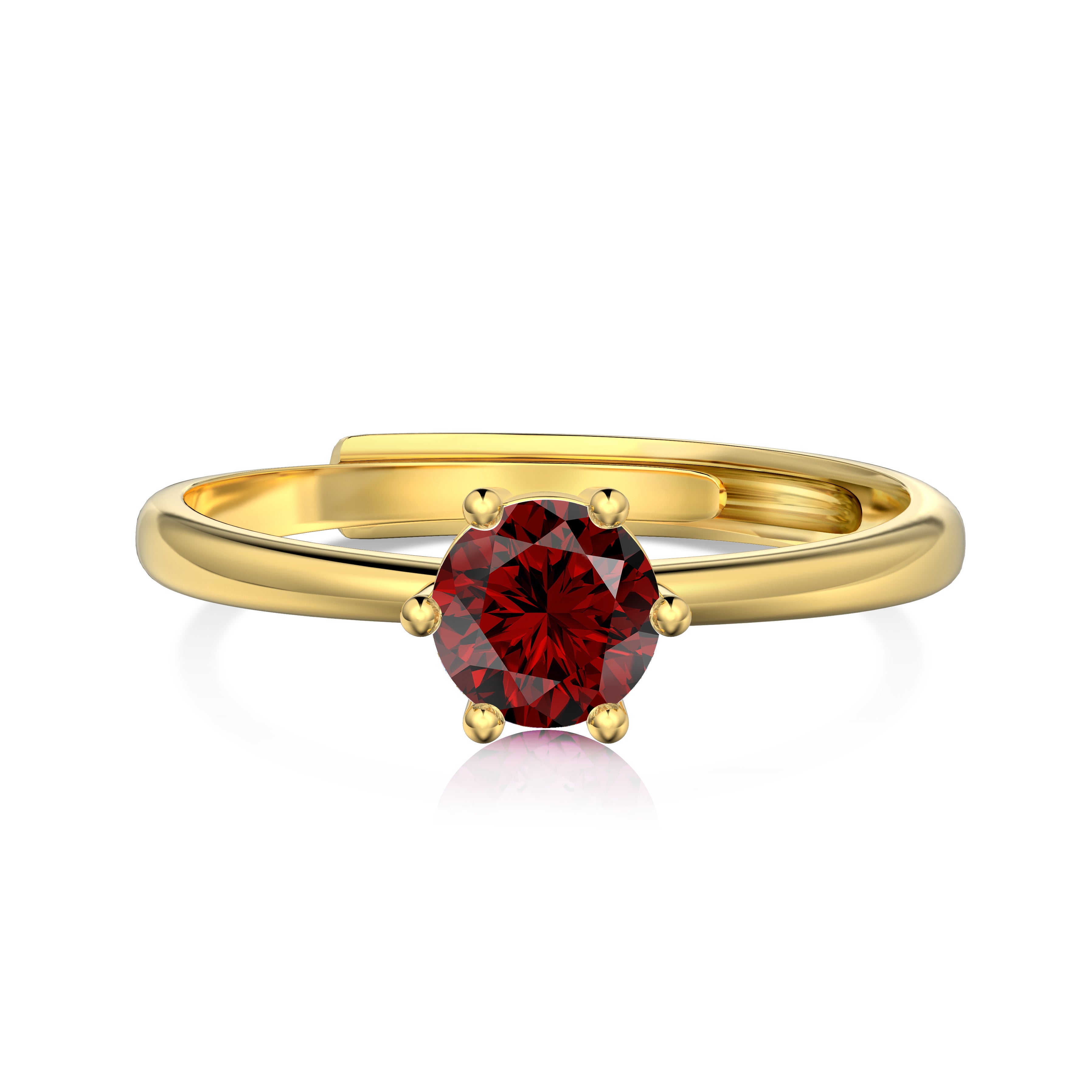 An adjustable ring with a round red birthstone set in a gold-colored band.