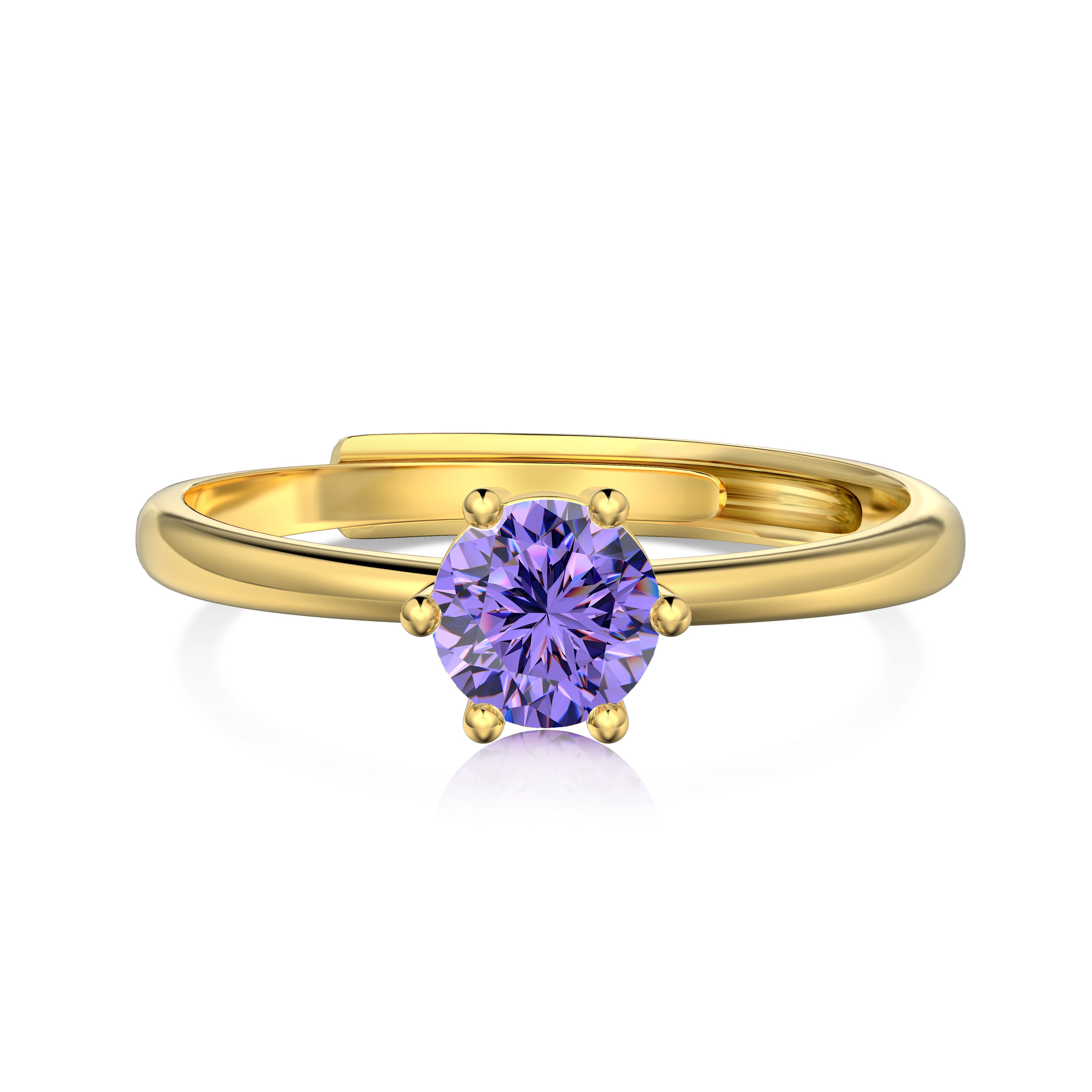 An adjustable ring with a round purple birthstone set in a gold-colored band.