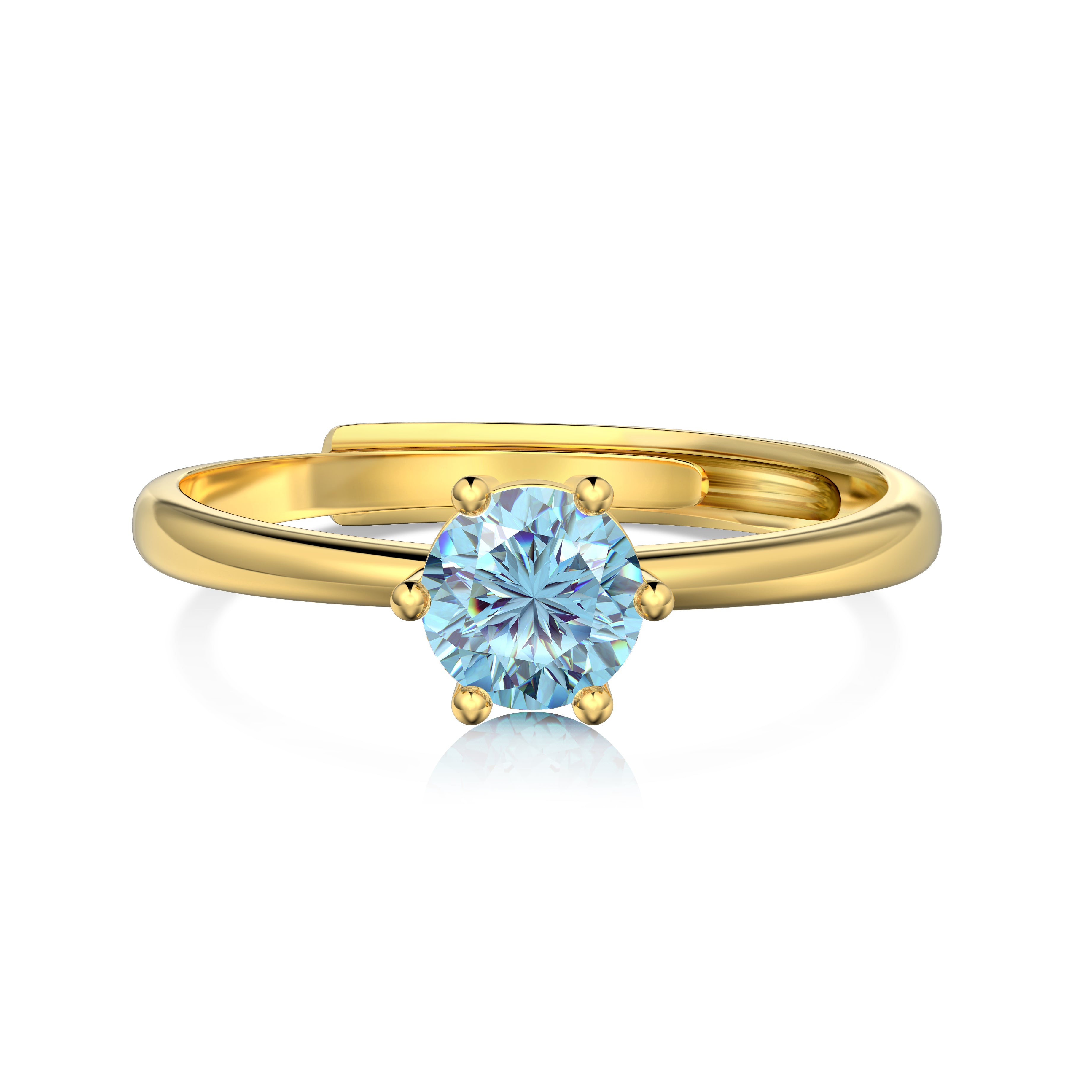 An adjustable ring with a round blue birthstone set in a gold-colored band.