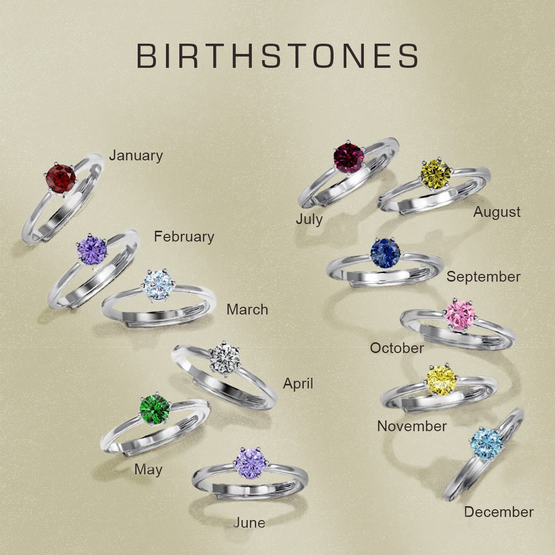 All birthstones adjustable rings with round multicolor birthstones sets in silver-colored bands.