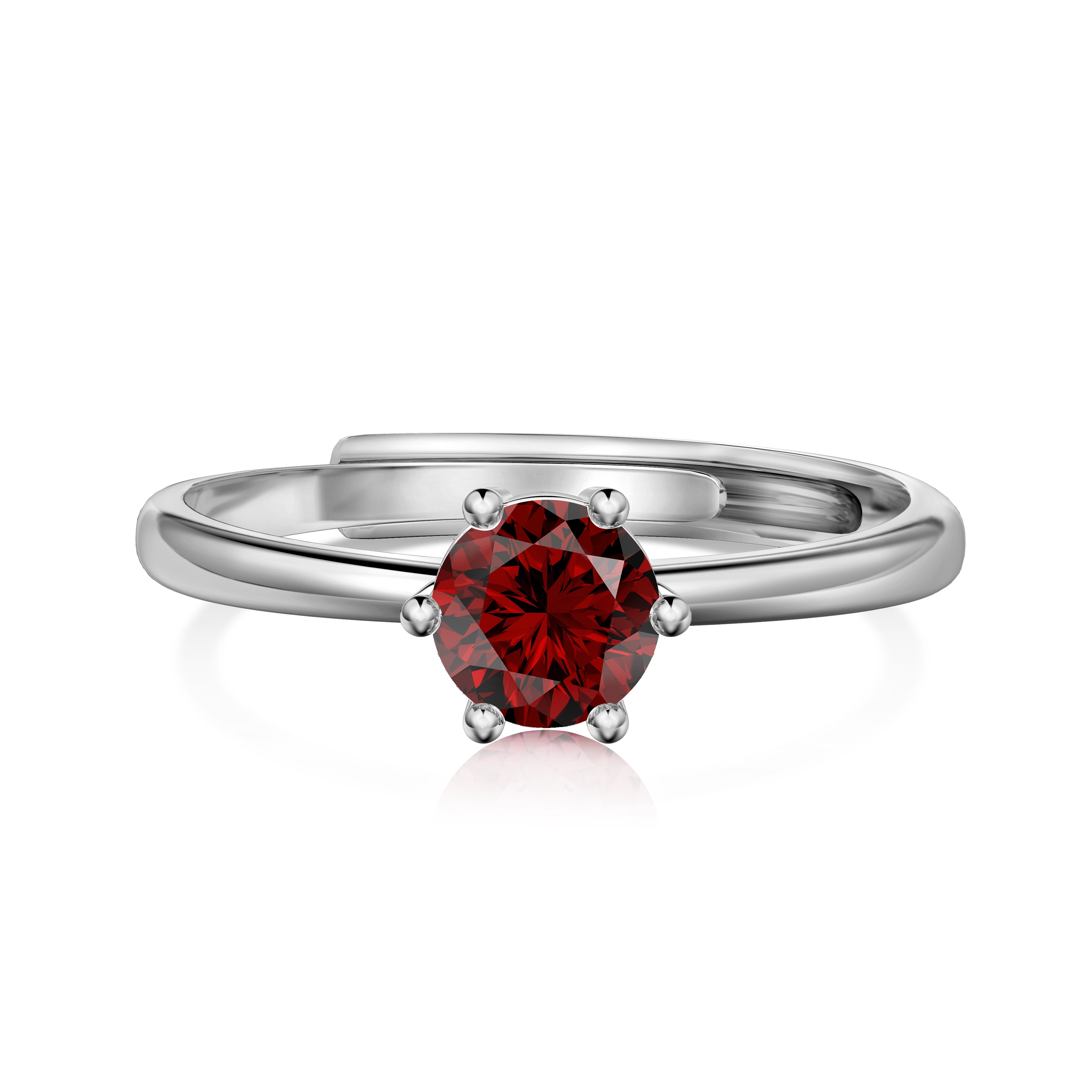 An adjustable ring with a round red birthstone set in a silver-colored band.