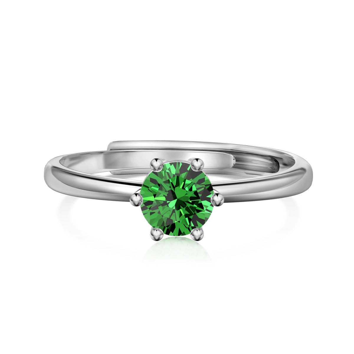 An adjustable ring with a round green birthstone set in a silver-colored band.