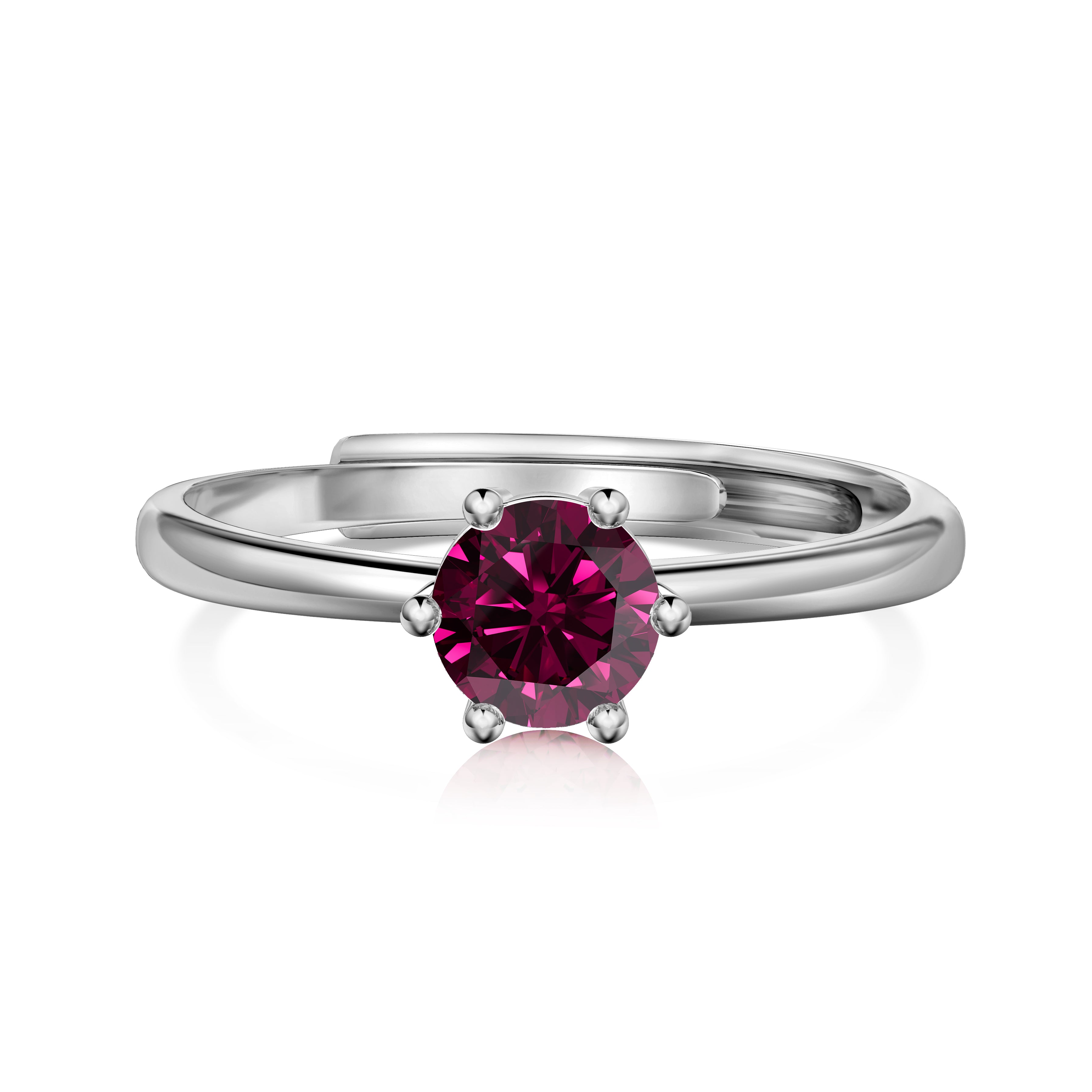 An adjustable ring with a round dark purple birthstone set in a silver-colored band.