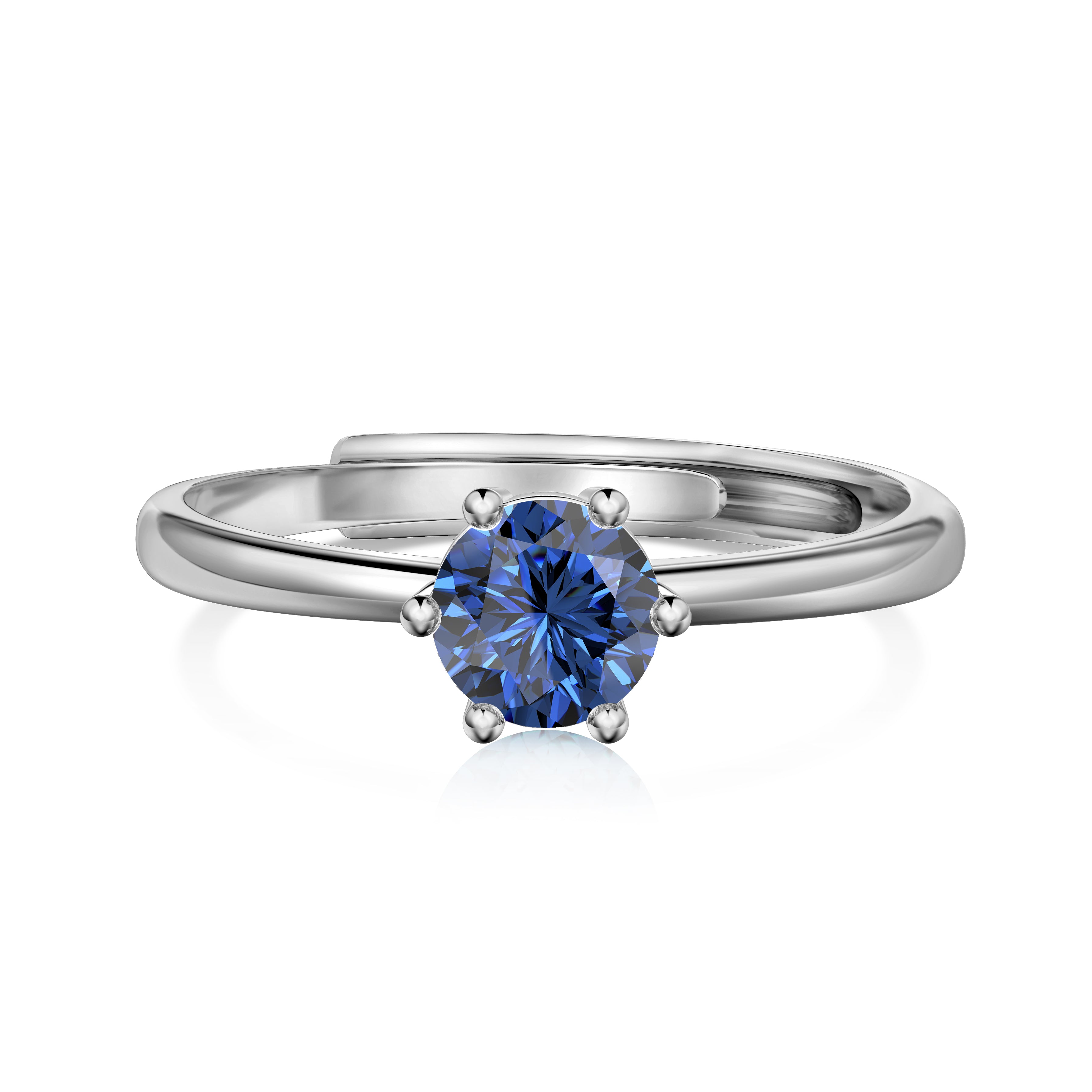 An adjustable ring with a round blue birthstone set in a silver-colored band.