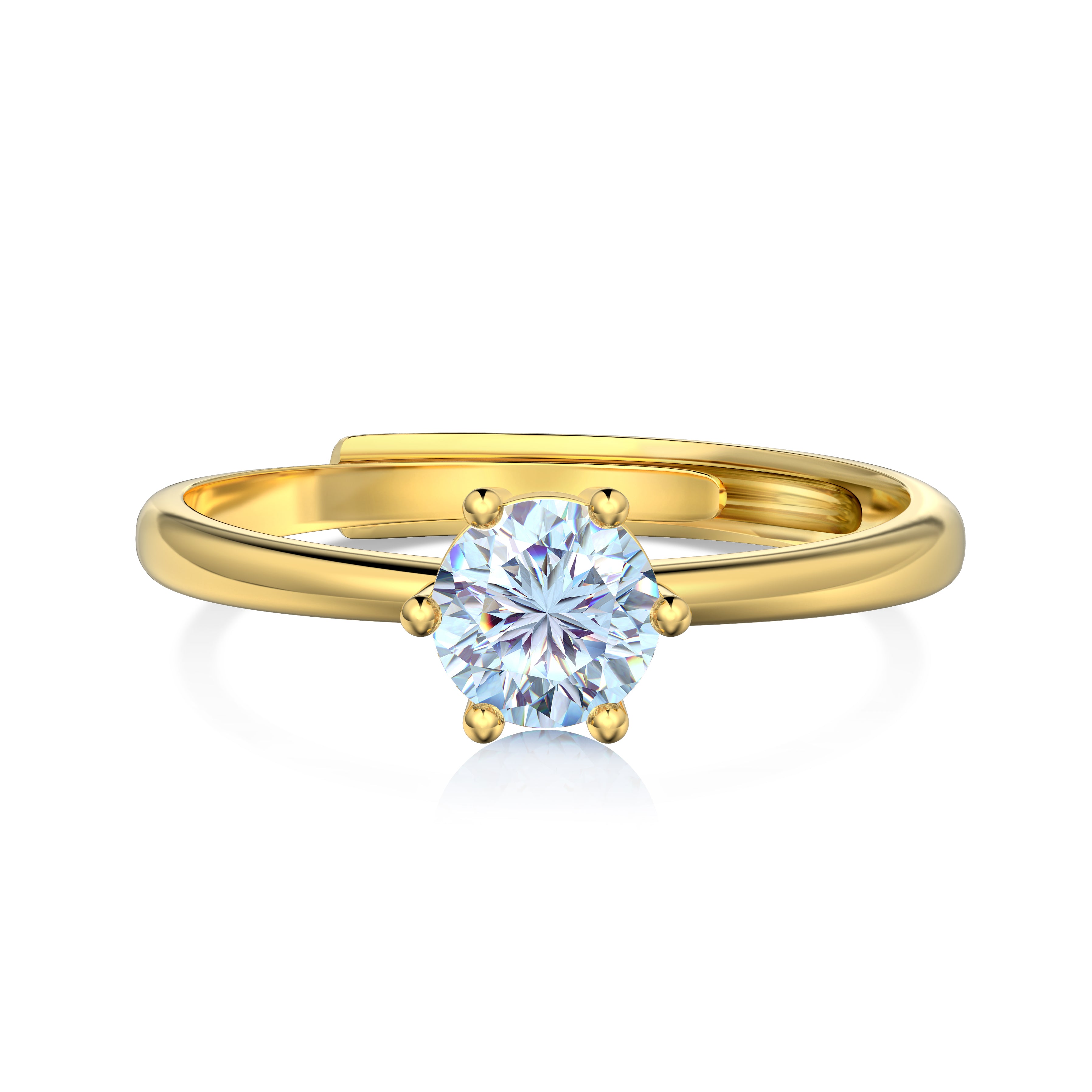 An adjustable ring with a round clear birthstone set in a gold-colored band.