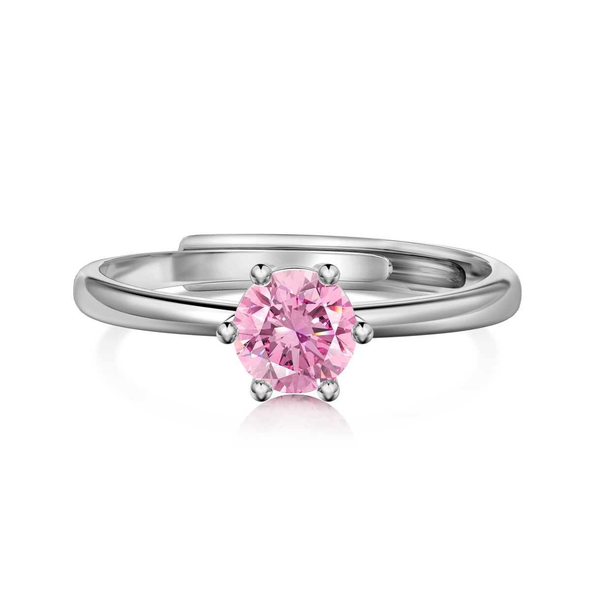 An adjustable ring with a round pink birthstone set in a silver-colored band.