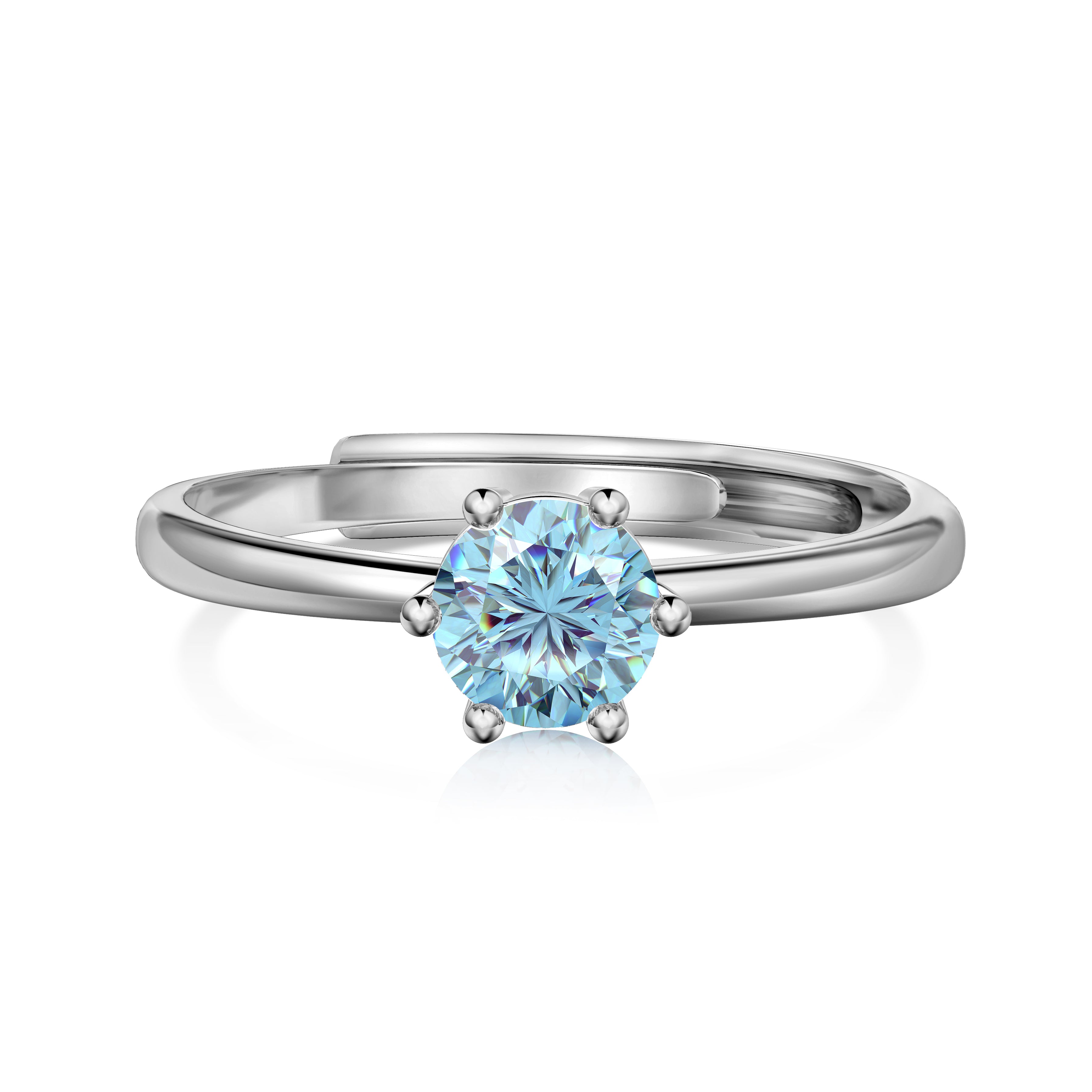 An adjustable ring with a round light blue birthstone set in a silver-colored band.