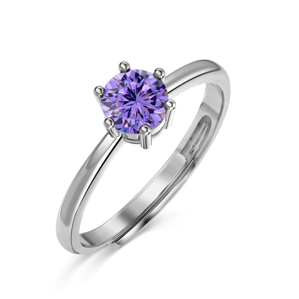 An adjustable ring with a round purple birthstone set in a silver-colored band.