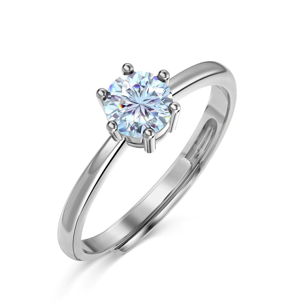 An adjustable ring with a round light blue birthstone set in a silver-colored band.