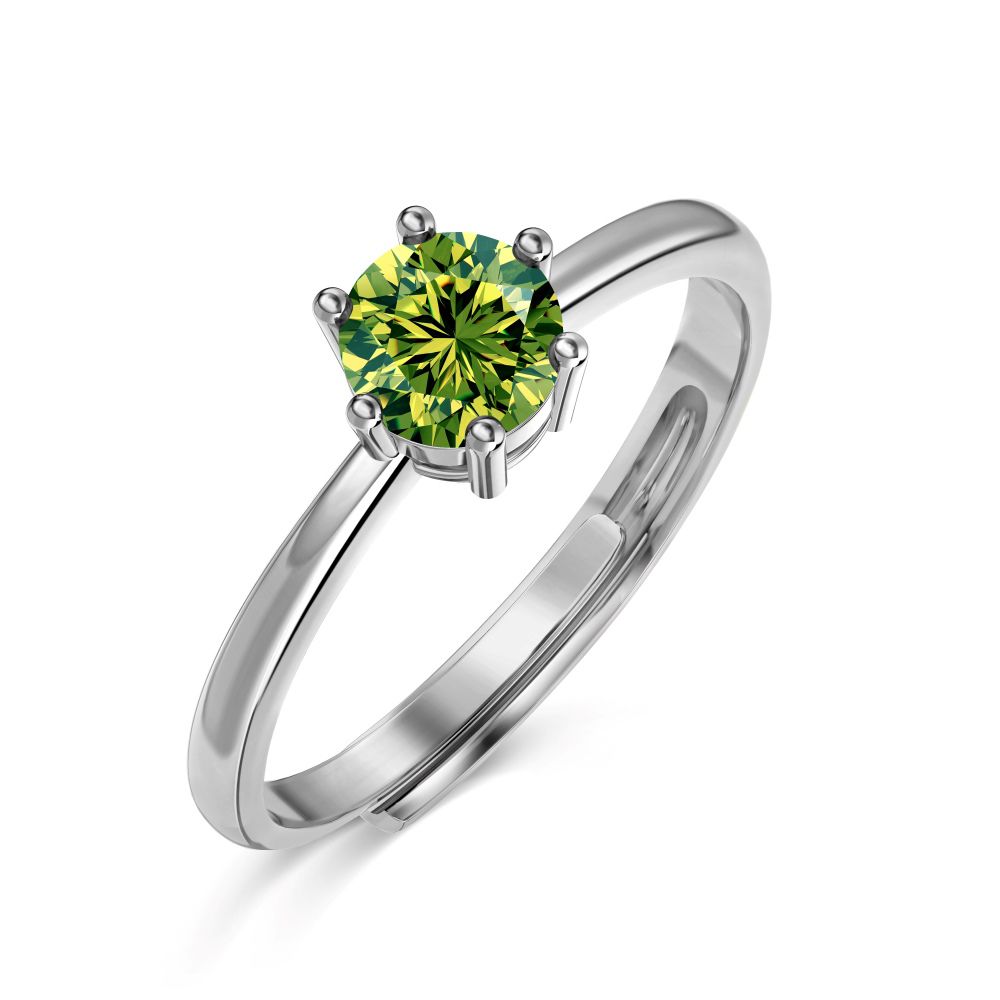 An adjustable ring with a round greenish birthstone set in a silver-colored band.