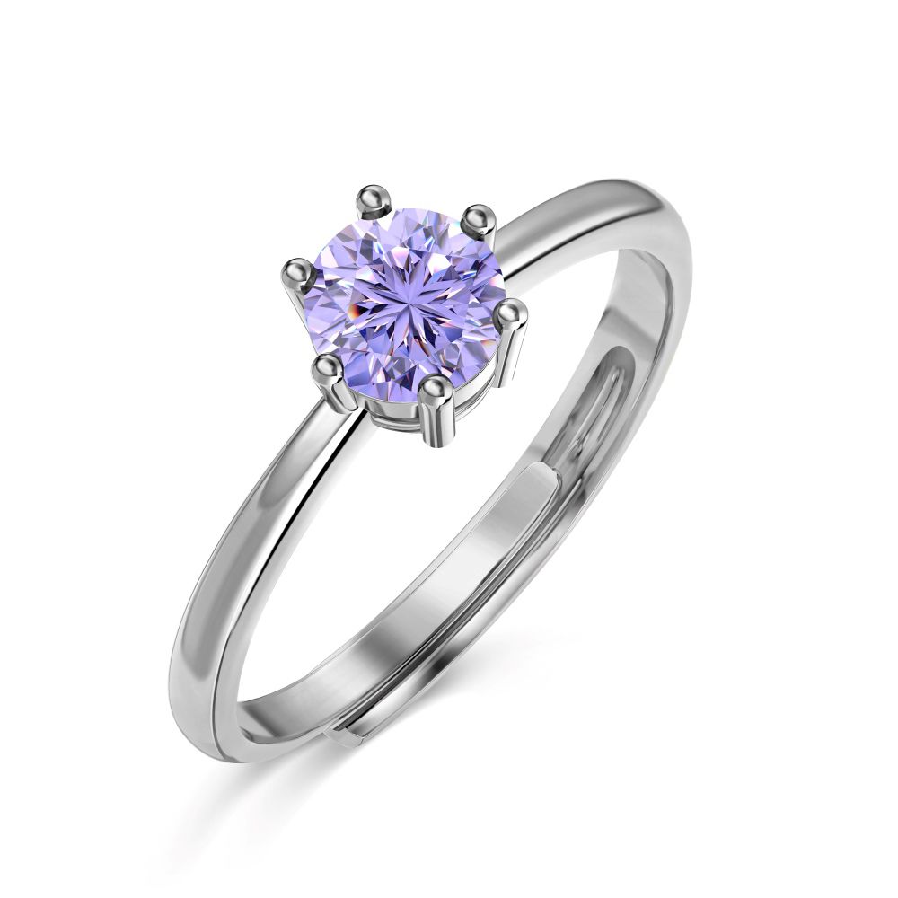 An adjustable ring with a round purple birthstone set in a silver-colored band.