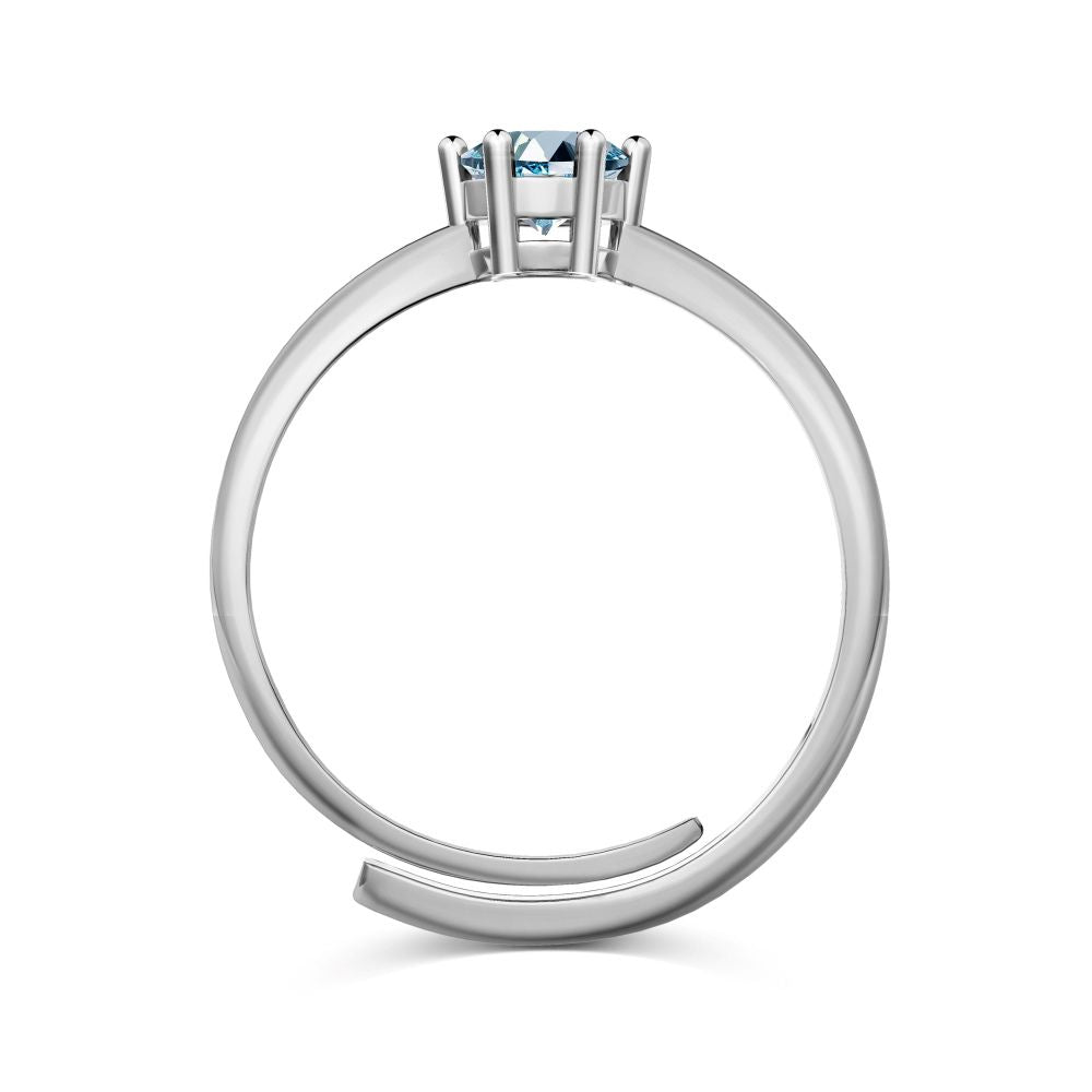 An adjustable ring with a round blue birthstone set in a silver-colored band.