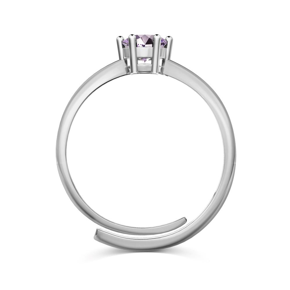 An adjustable ring with a round purple birthstone set in a silver-colored band.