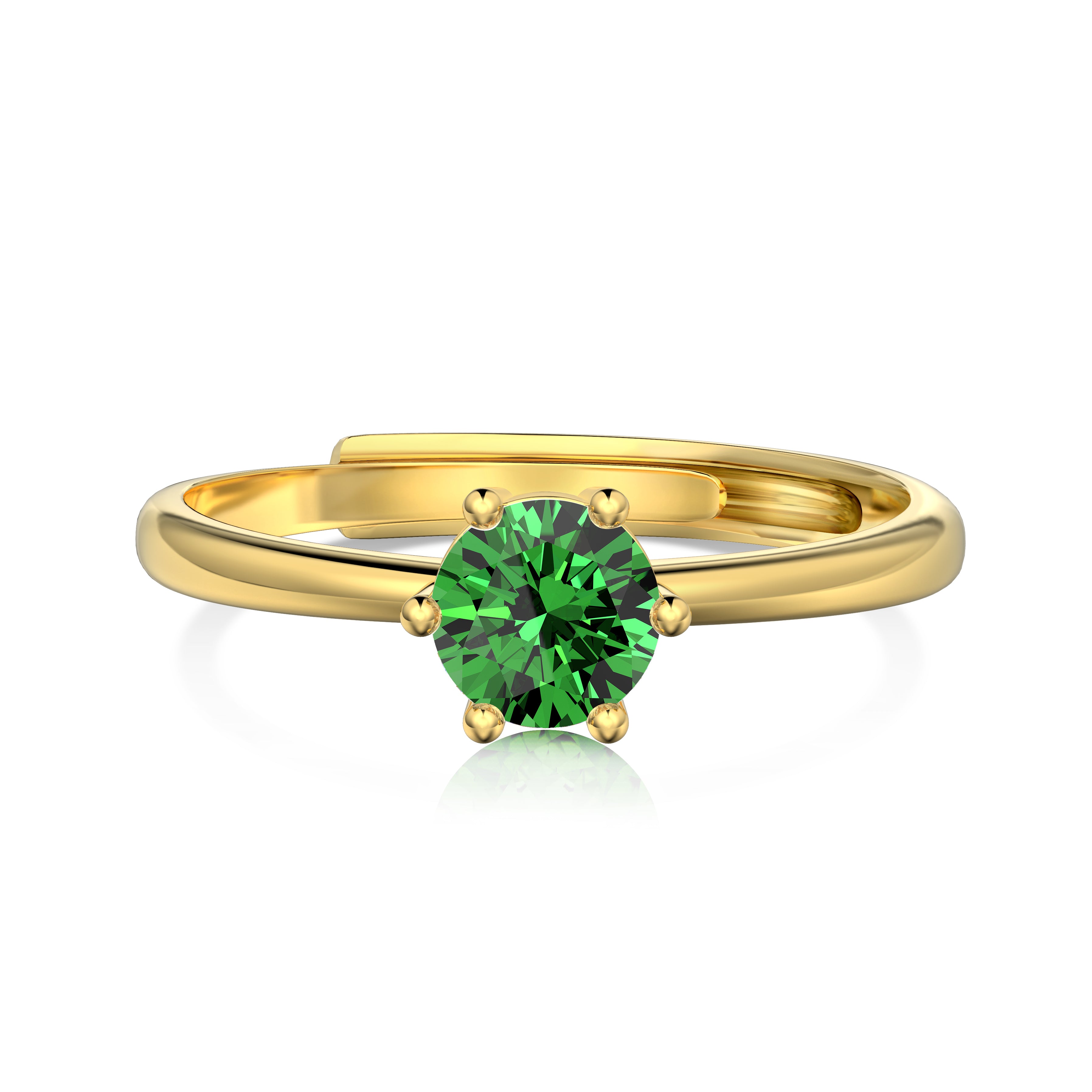 An adjustable ring with a round green birthstone set in a gold-colored band.