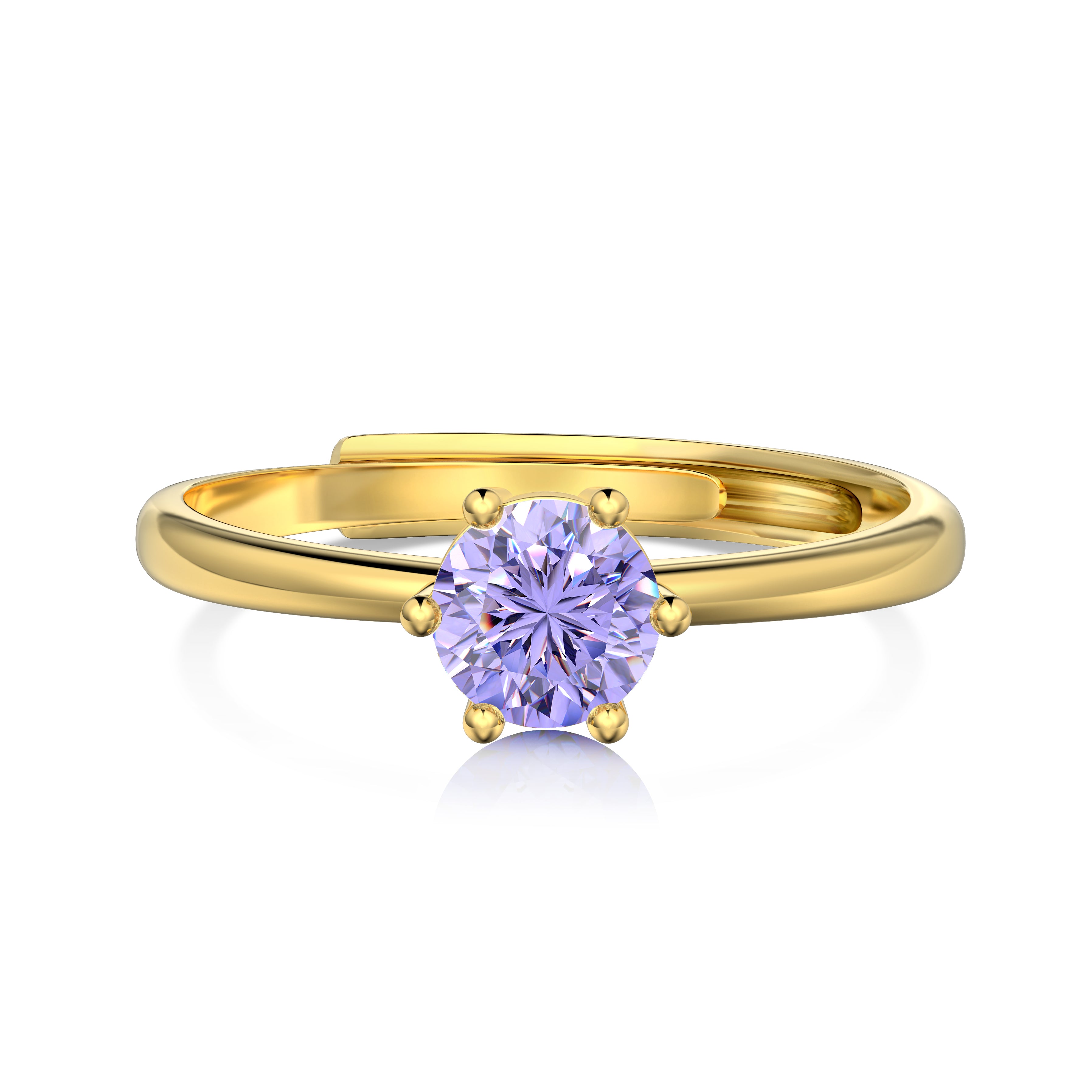An adjustable ring with a round light purple birthstone set in a gold-colored band.