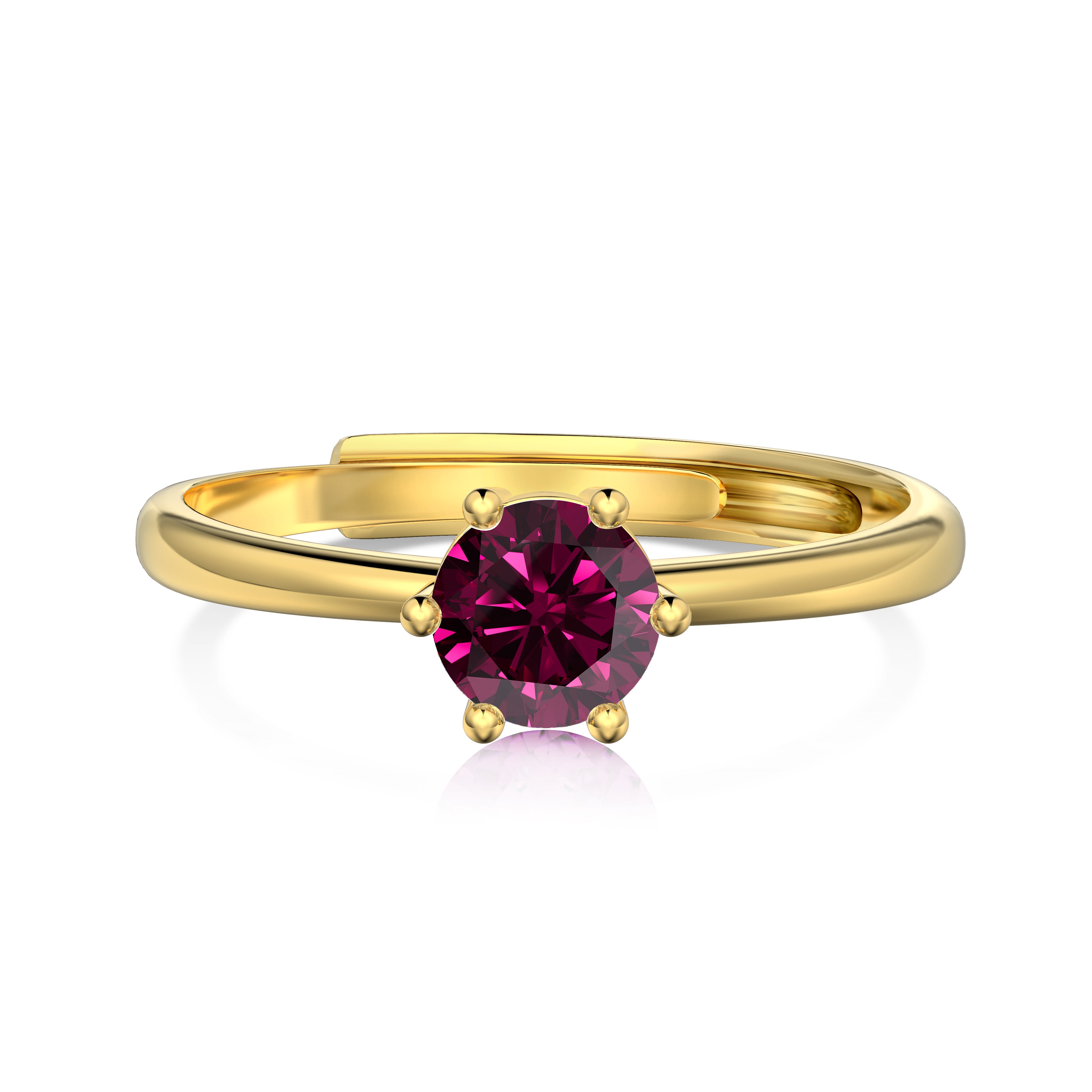 An adjustable ring with a round dark purple birthstone set in a gold-colored band.
