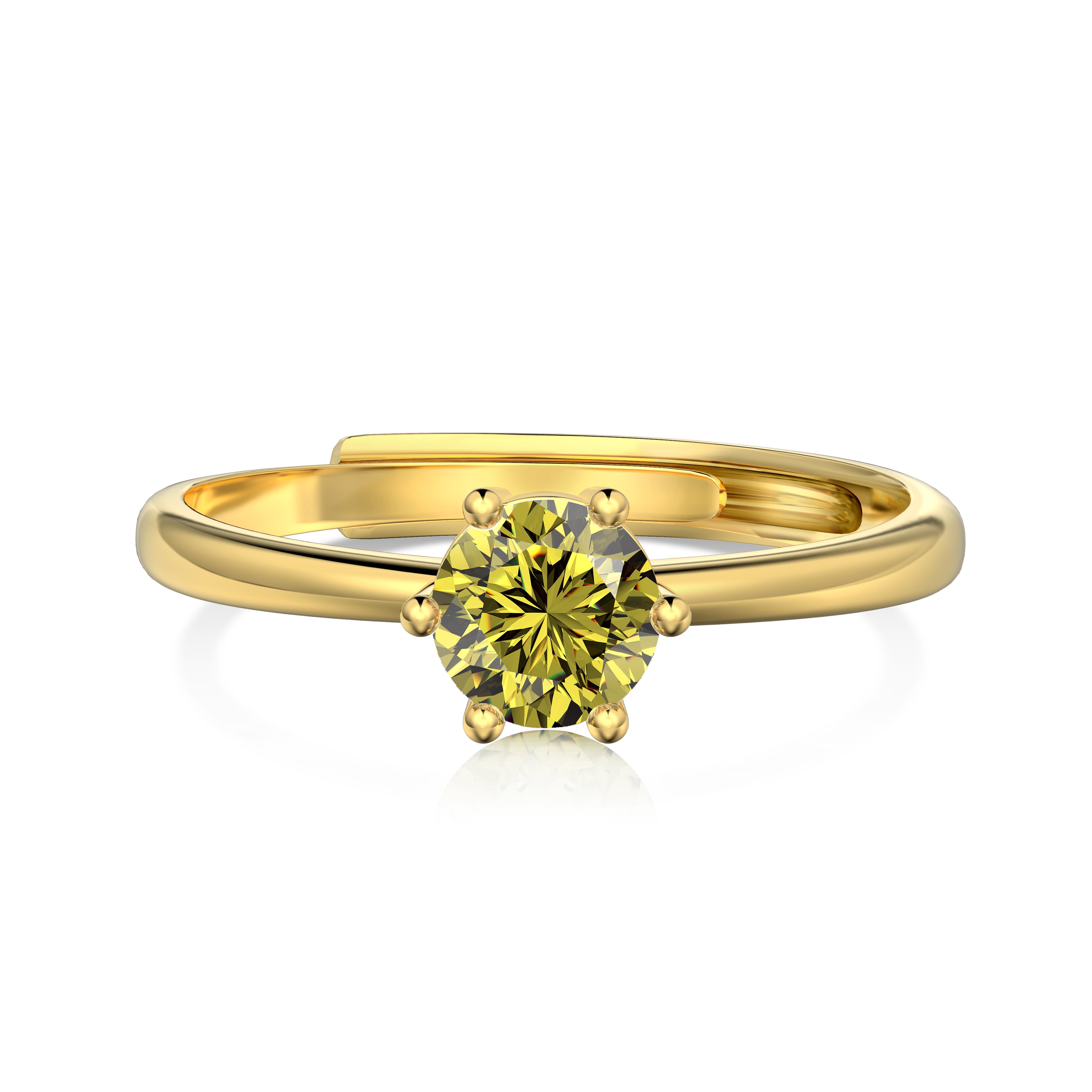 An adjustable ring with a round yellow birthstone set in a gold-colored band.