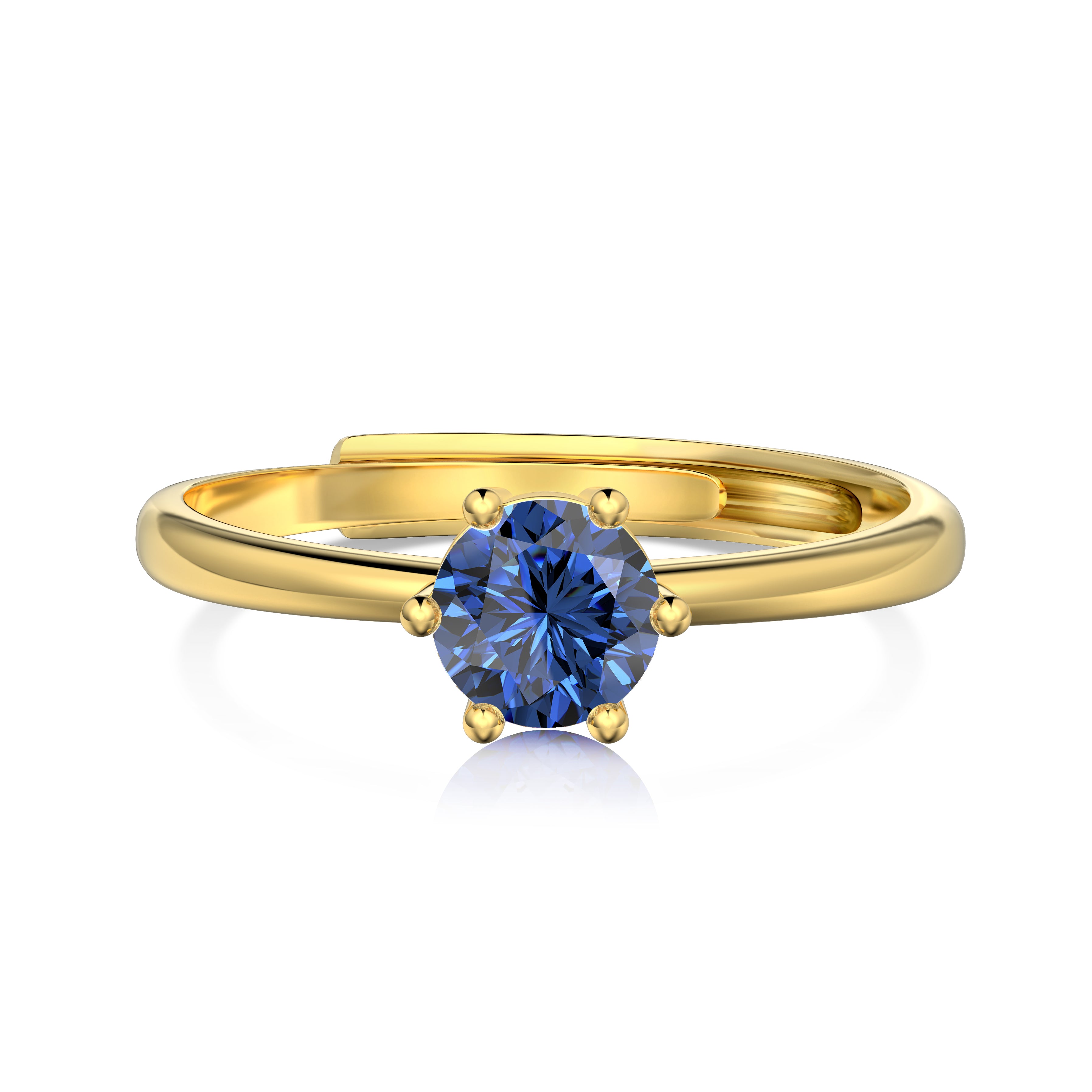An adjustable ring with a round blue birthstone set in a gold-colored band.