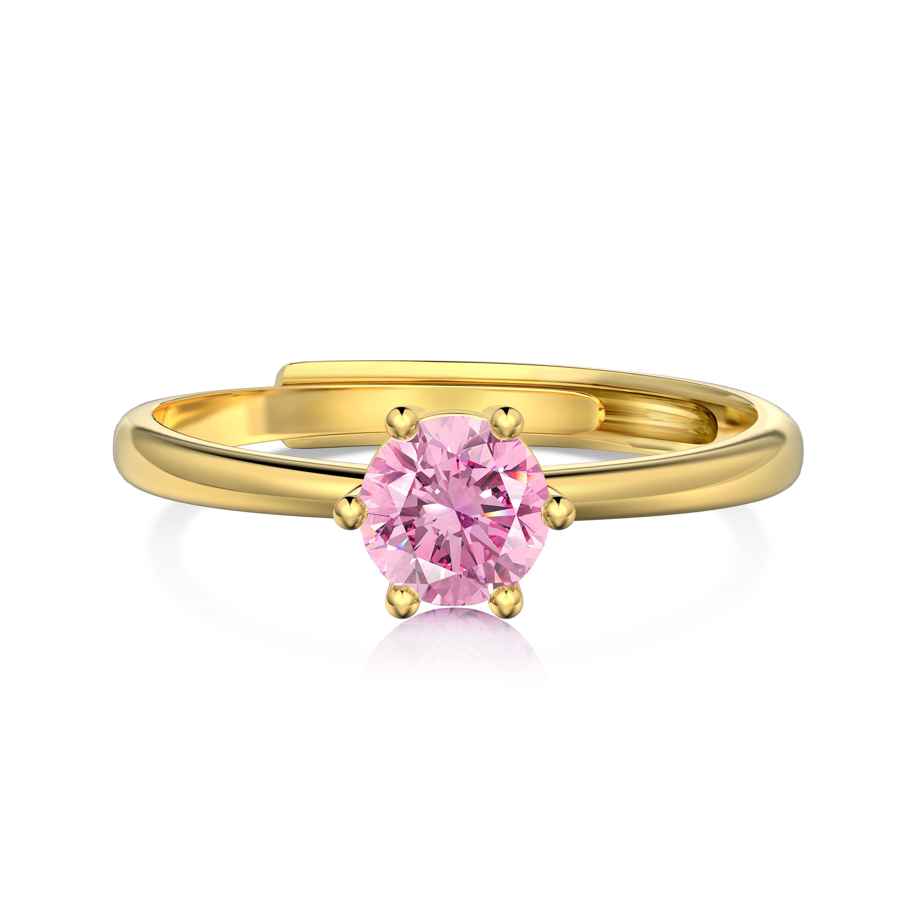 An adjustable ring with a round pink birthstone set in a gold-colored band.