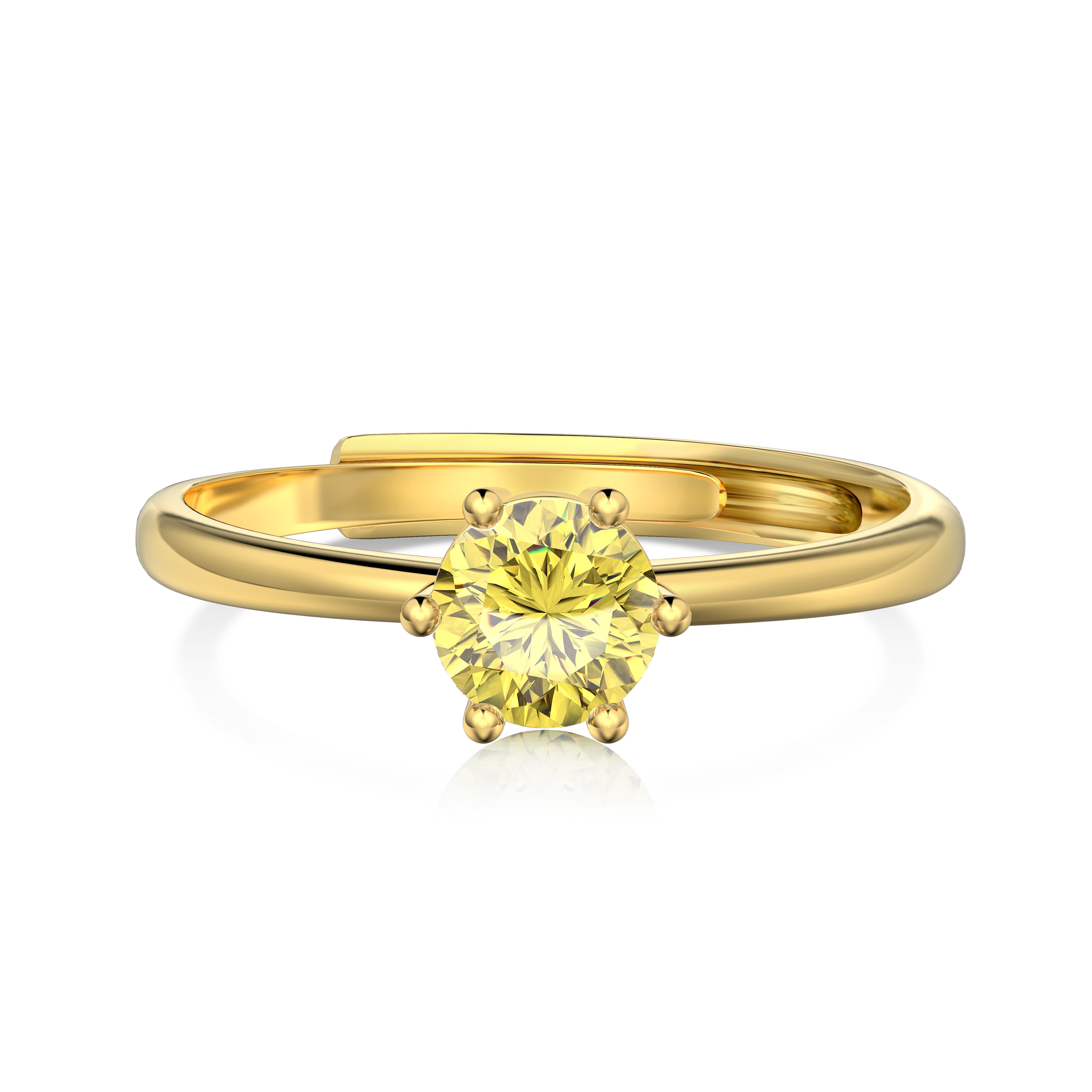 An adjustable ring with a round yellow birthstone set in a gold-colored band.