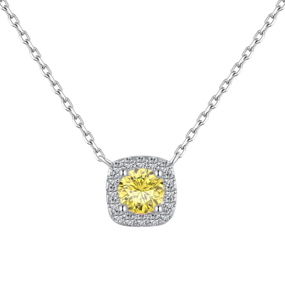 A cushion-cut yellow diamond necklace with halo setting in a silver or gold finish, displayed on a white background.