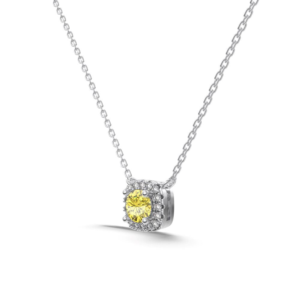 A cushion-cut yellow diamond necklace with halo setting in a silver or gold finish, displayed on a white background.