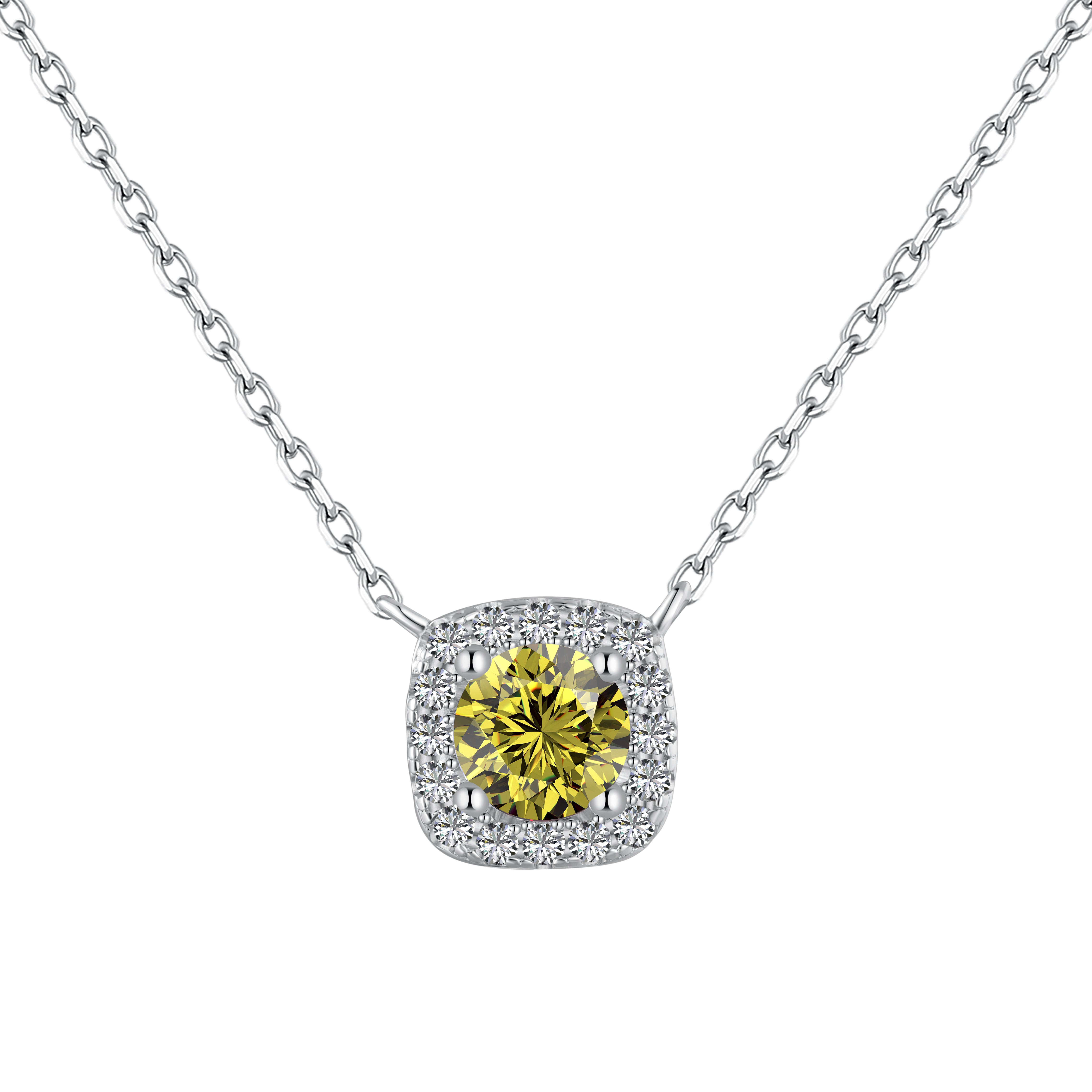 A cushion-cut yellow diamond necklace with halo setting in a silver finish, displayed on a white background.