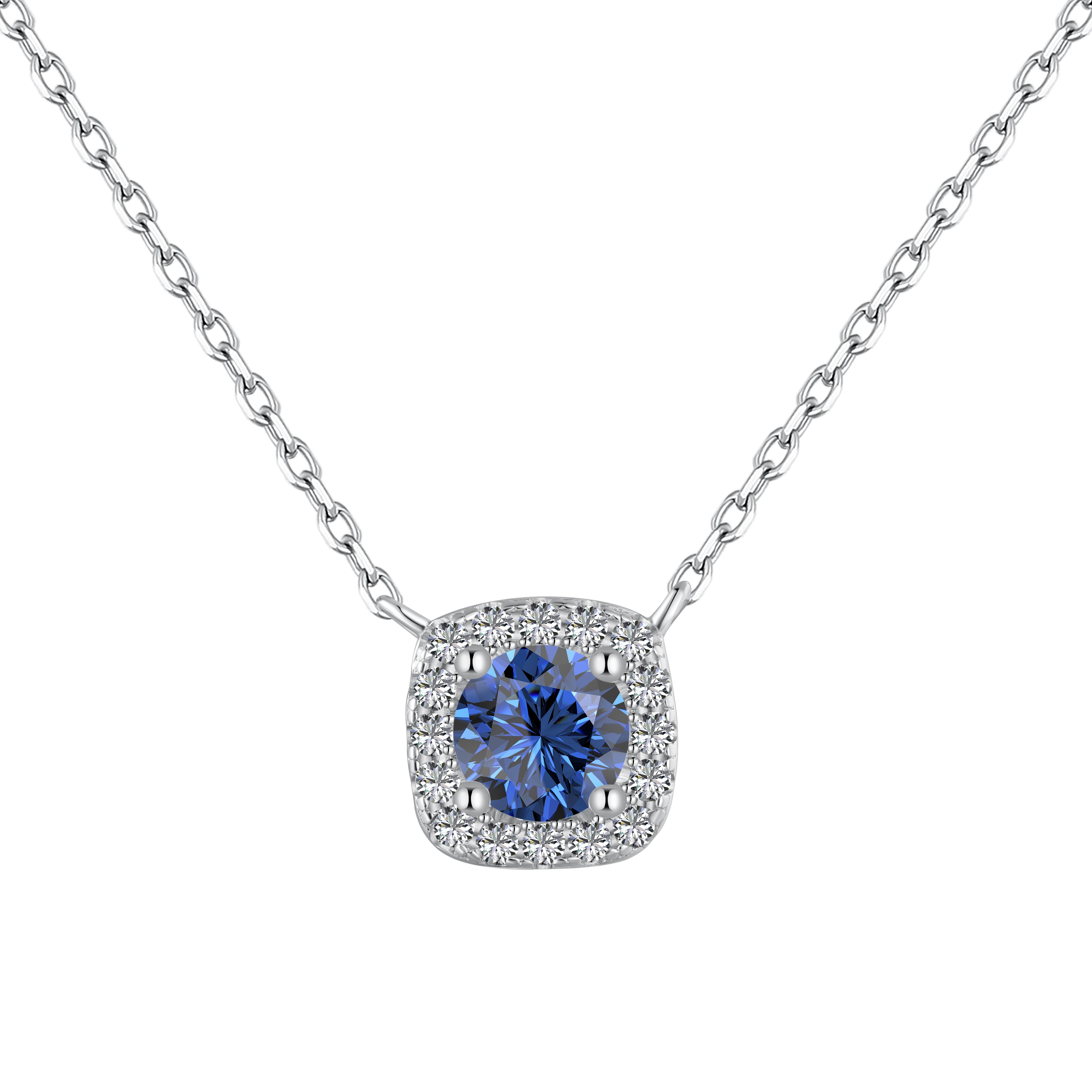 A cushion-cut blue diamond necklace with halo setting in a silver finish, displayed on a white background.
