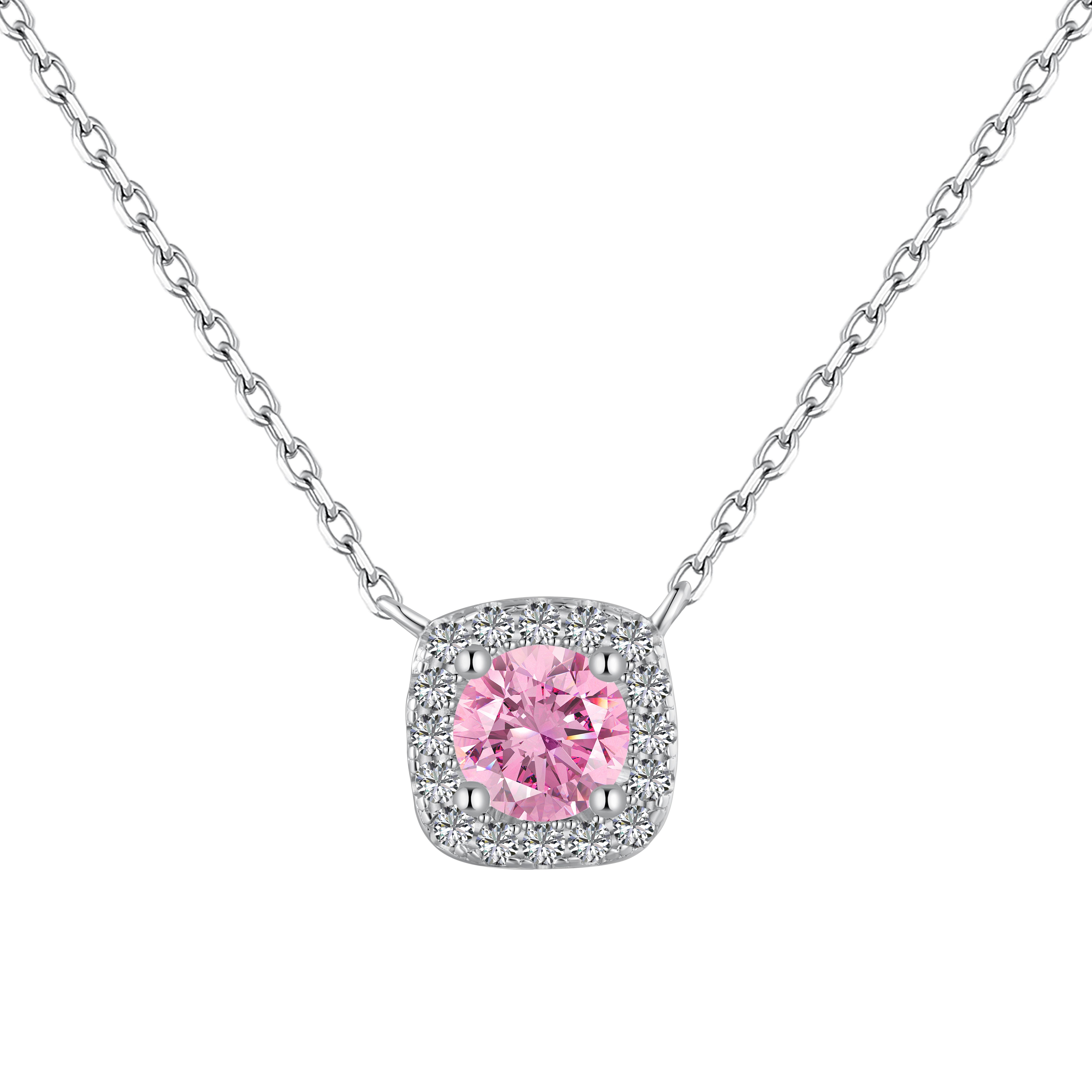 A cushion-cut pink diamond necklace with halo setting in a silver finish, displayed on a white background.