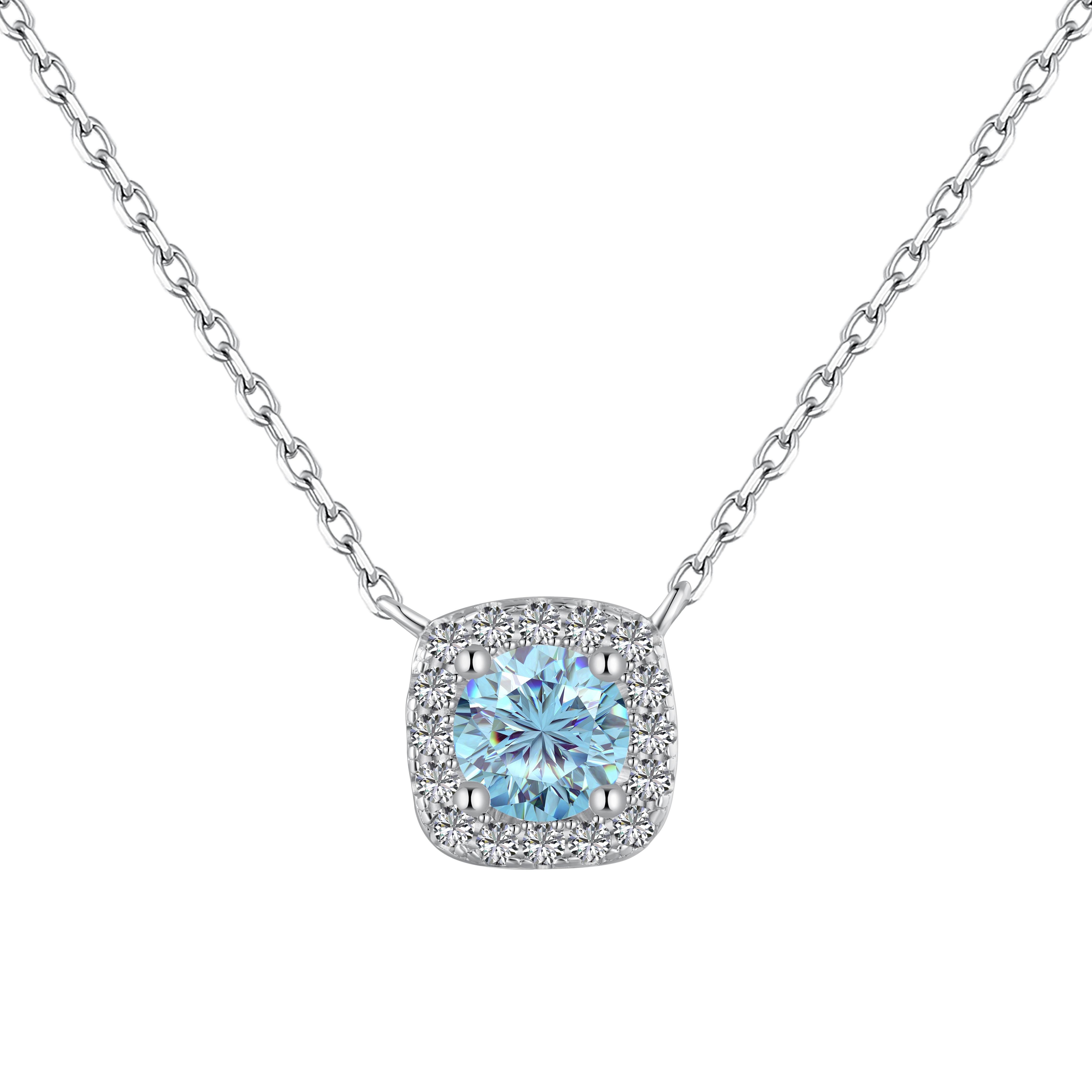 A cushion-cut sky-blue diamond necklace with halo setting in a silver finish, displayed on a white background.