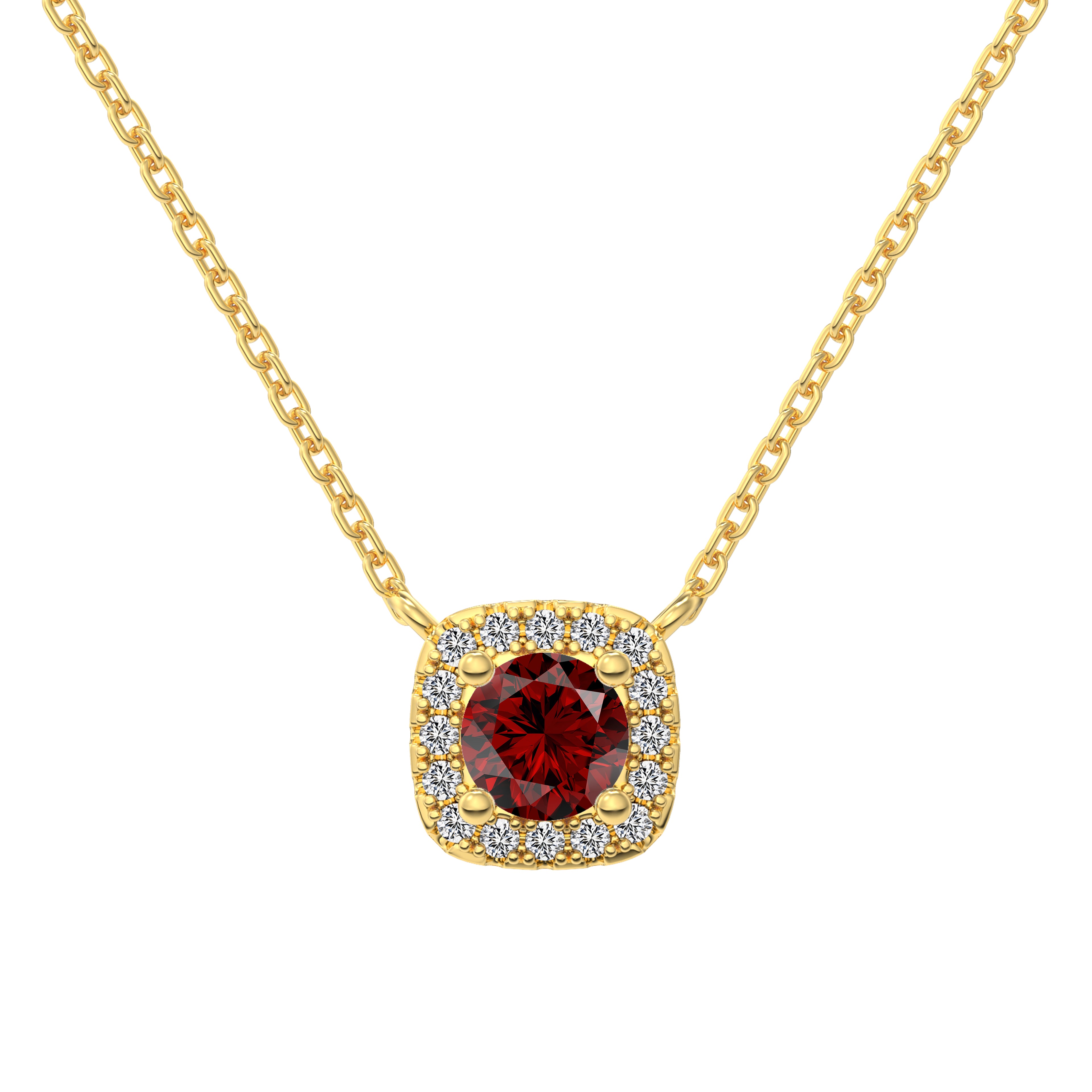 A cushion-cut red diamond necklace with halo setting in a gold finish, displayed on a white background.