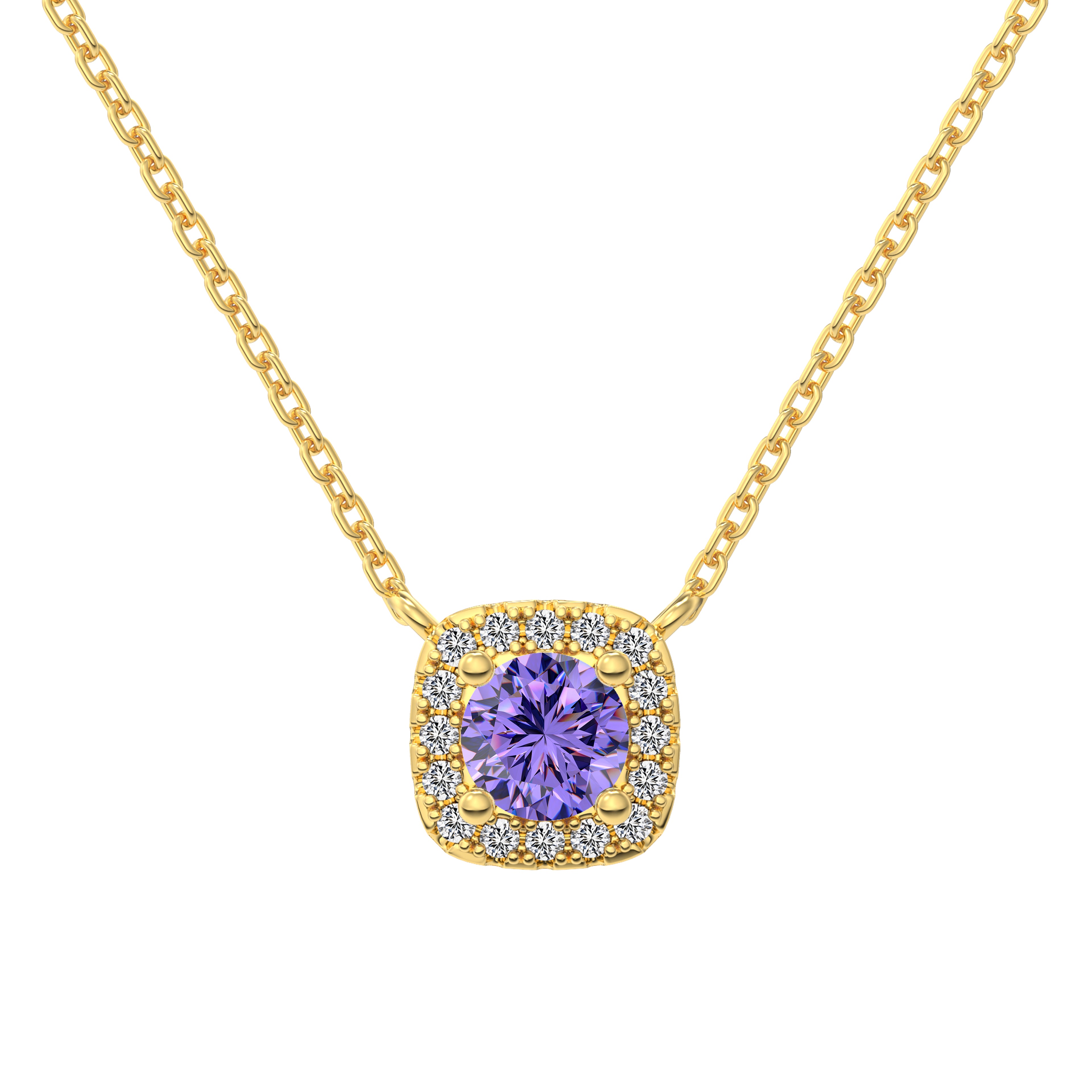 A cushion-cut purple diamond necklace with halo setting in a gold finish, displayed on a white background.