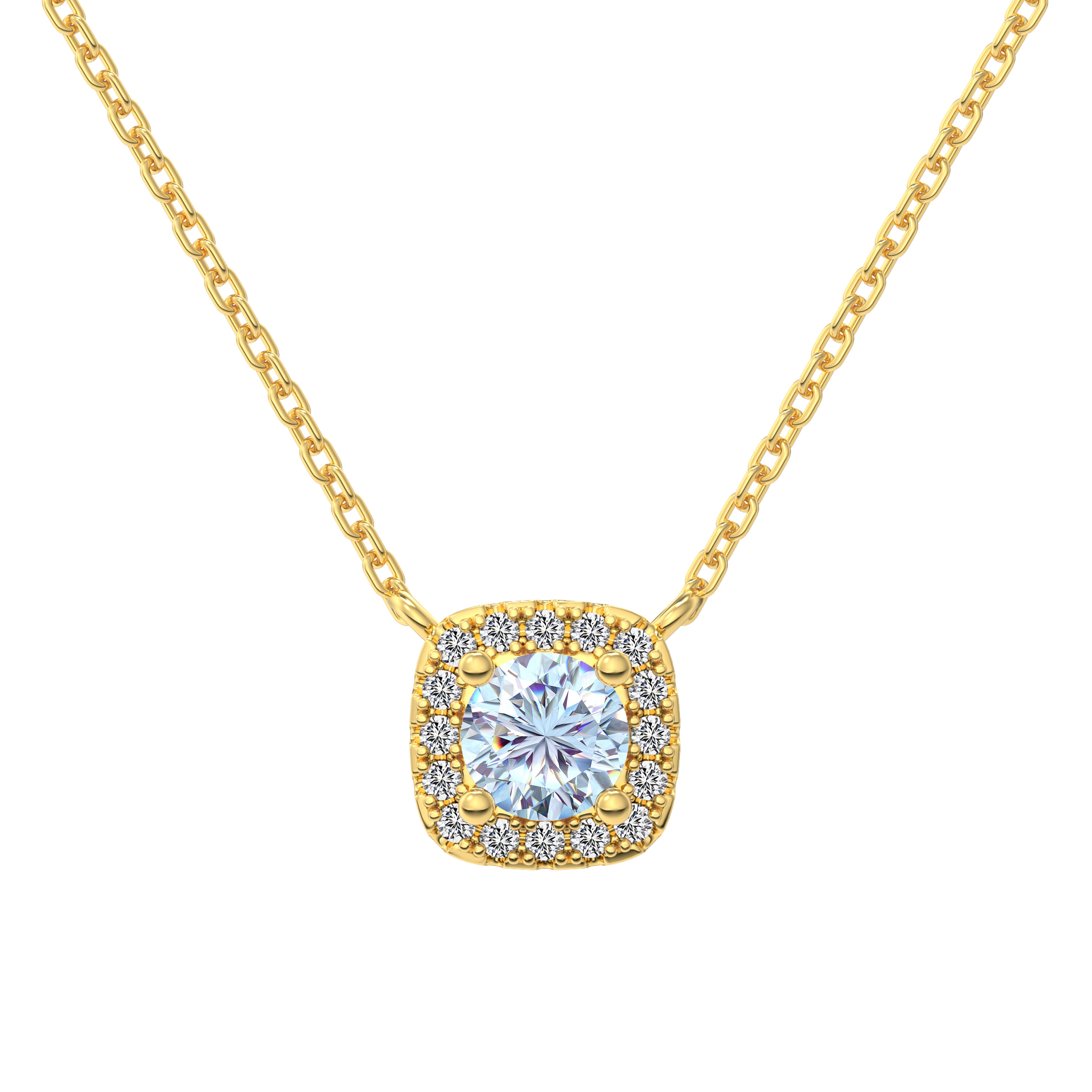 A cushion-cut clear diamond necklace with halo setting in a gold finish, displayed on a white background.