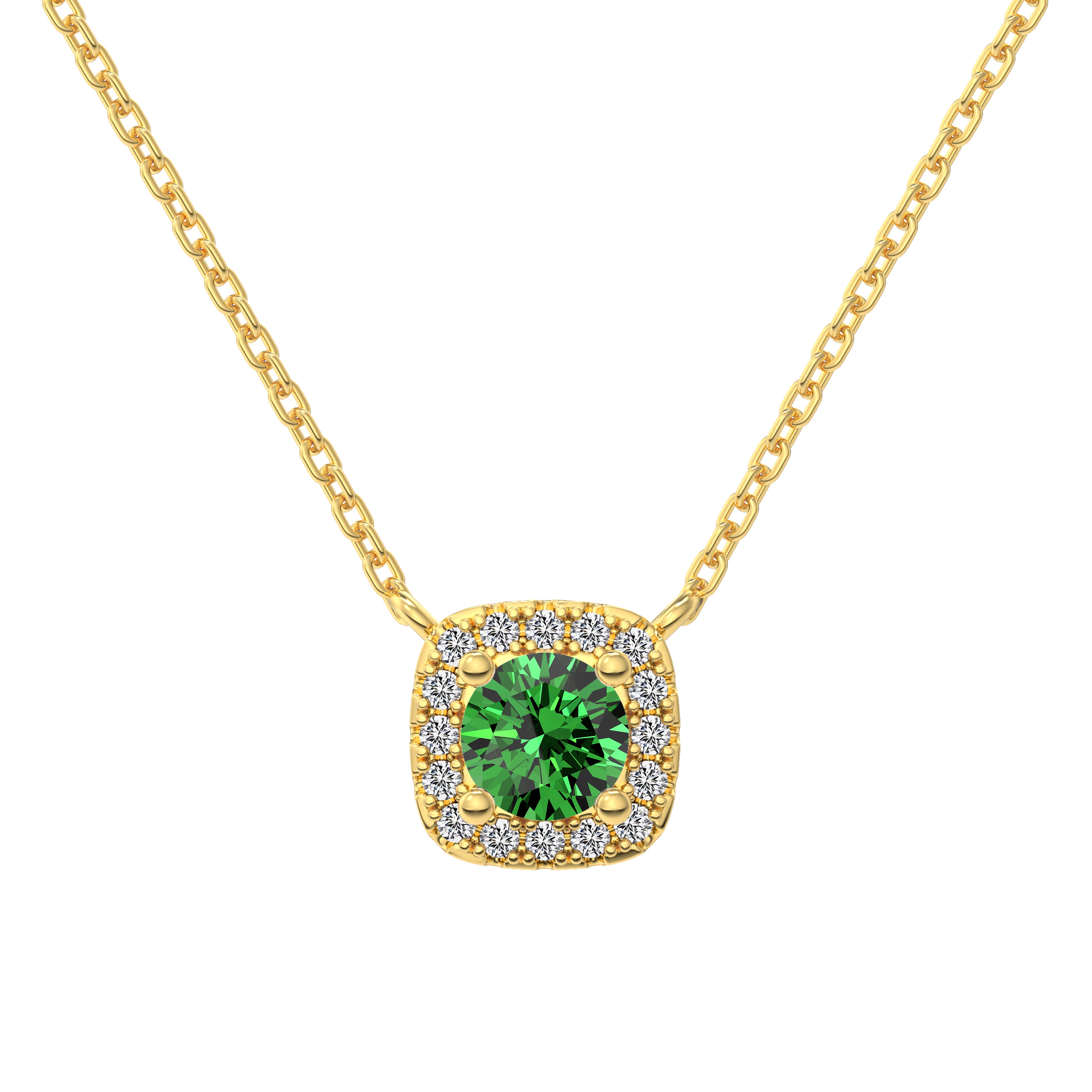 A cushion-cut green diamond necklace with halo setting in a gold finish, displayed on a white background.