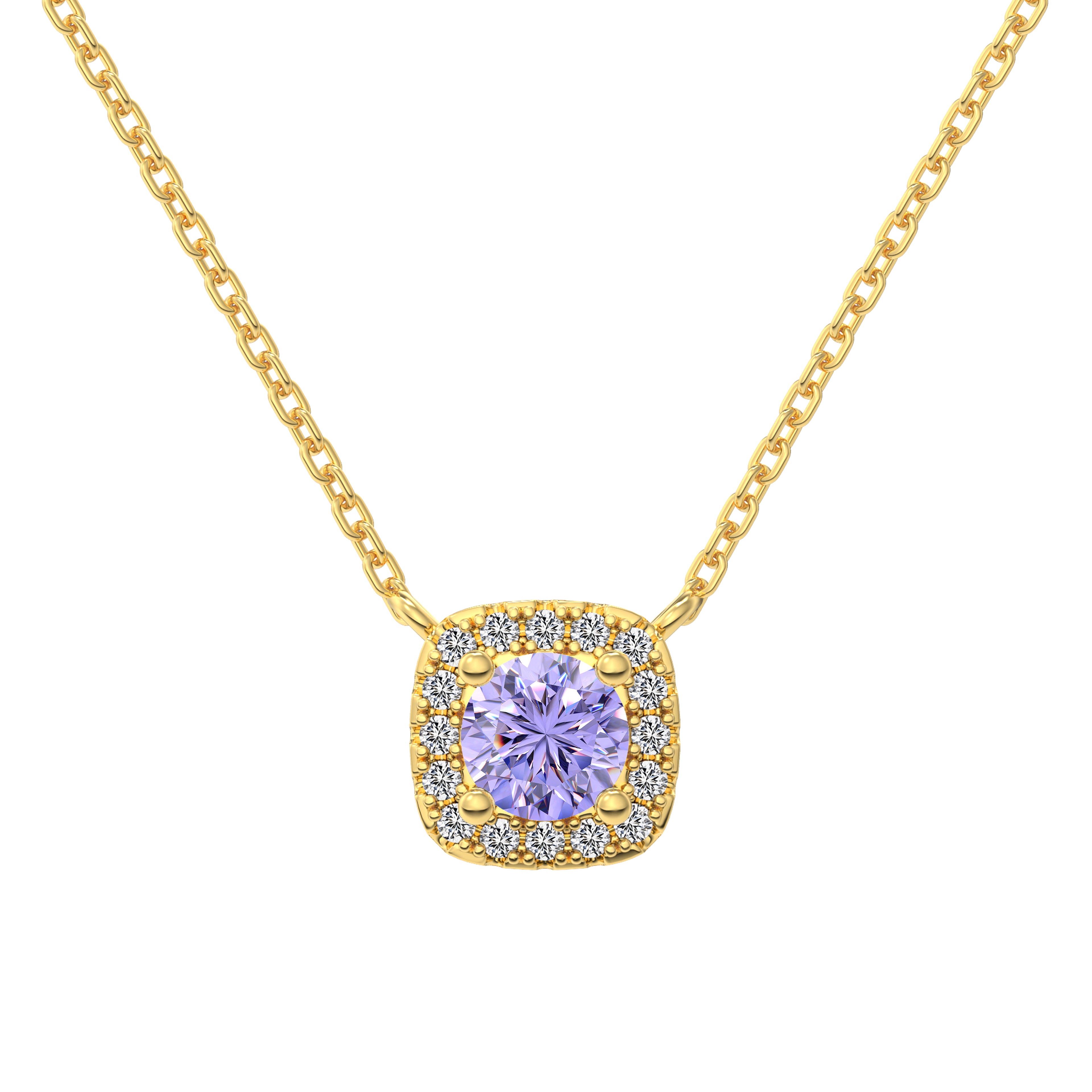A cushion-cut light purple diamond necklace with halo setting in a gold finish, displayed on a white background.