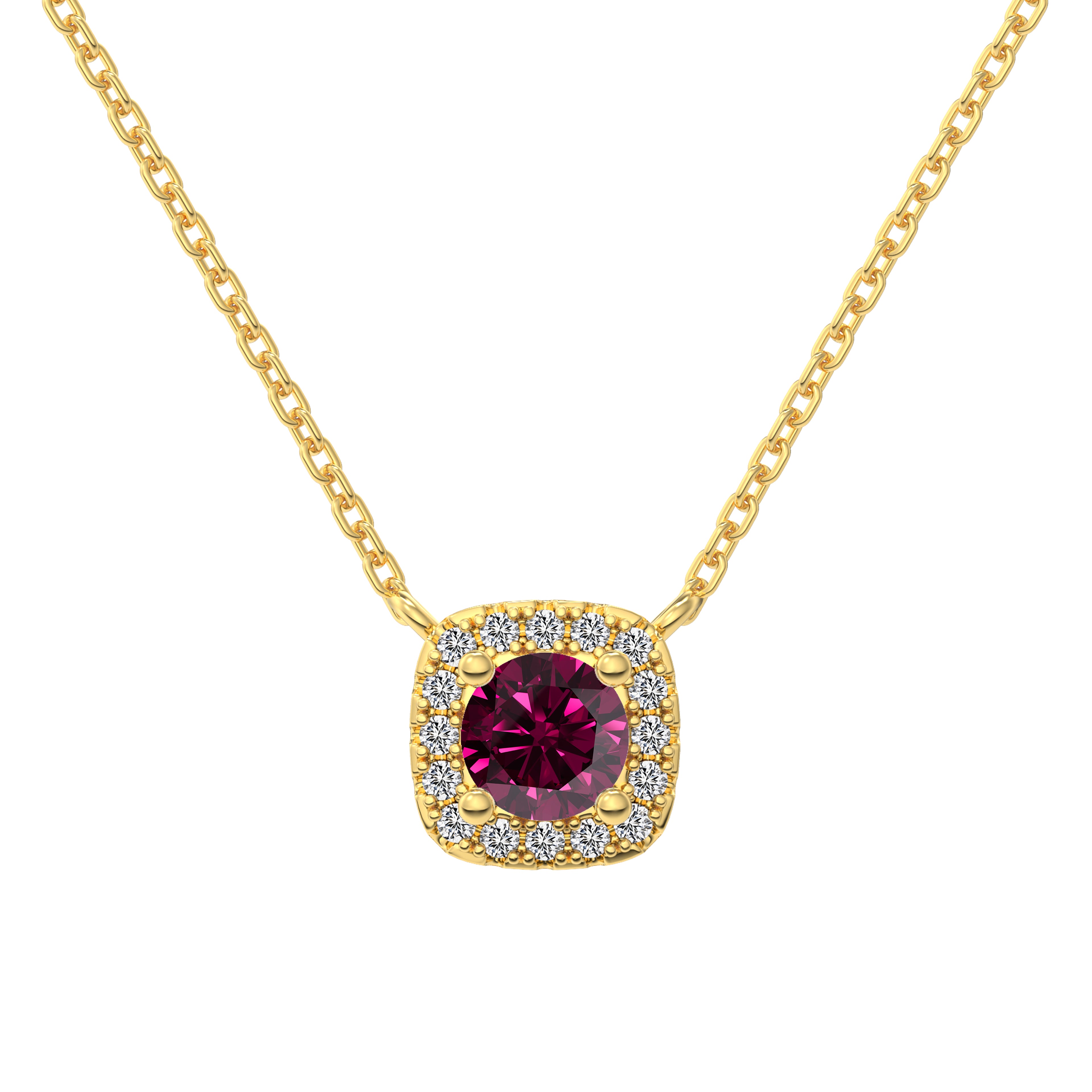 A cushion-cut dark pink diamond necklace with halo setting in a gold finish, displayed on a white background.