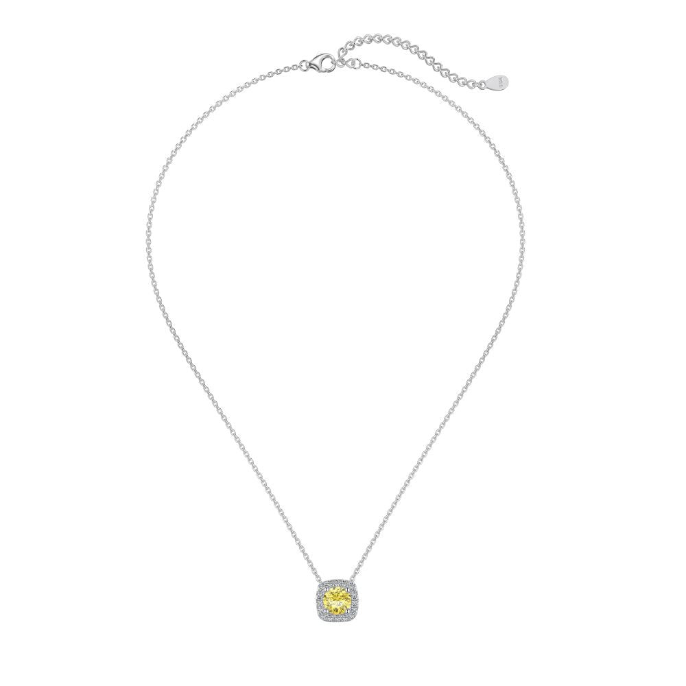 A cushion-cut yellow diamond necklace with halo setting in a silver or gold finish, displayed on a white background.