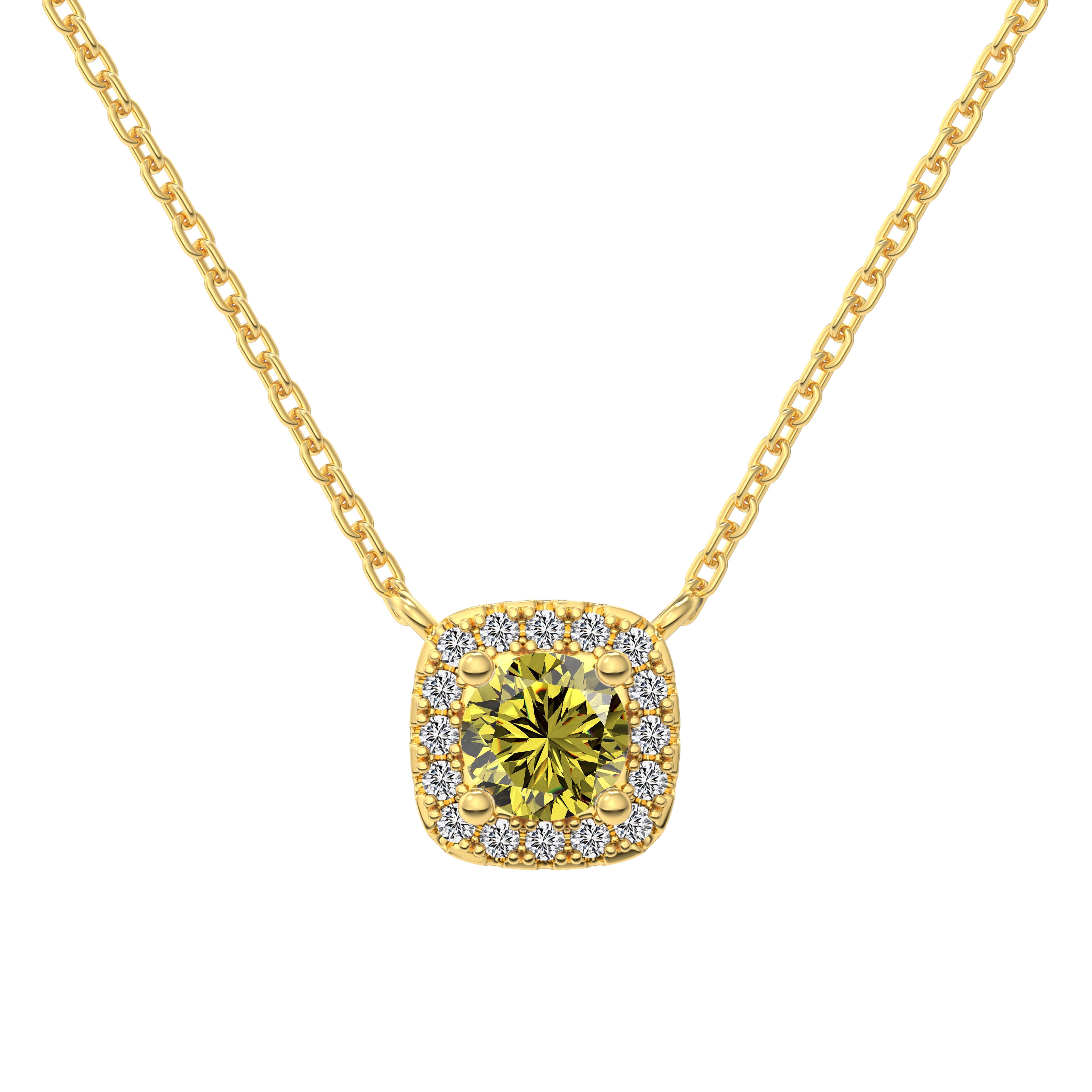 A cushion-cut yellow diamond necklace with halo setting in a gold finish, displayed on a white background.